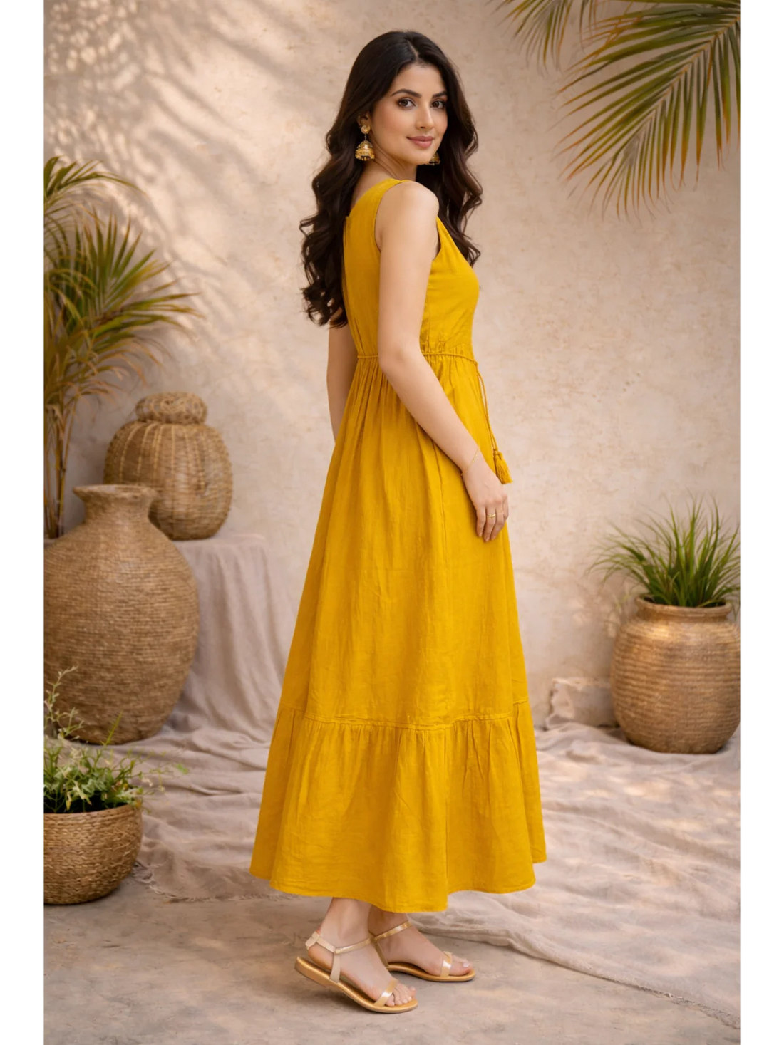 Buy Poly Viscose Embroidered Flared Calf Length Dress-Mustard
