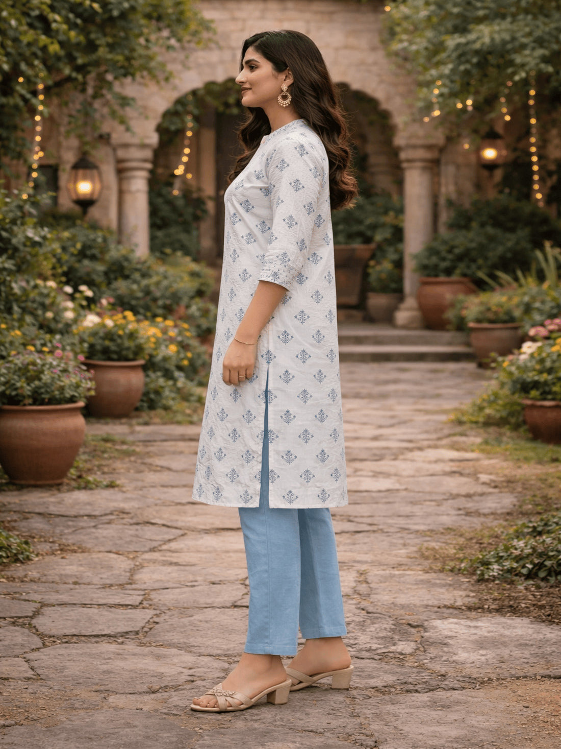 Buy Poly Viscose Printed Straight Calf Length Kurta-White