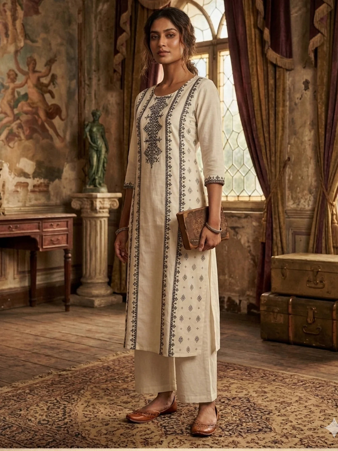 Buy Poly Viscose Embroidered Straight Calf Length Kurta-White