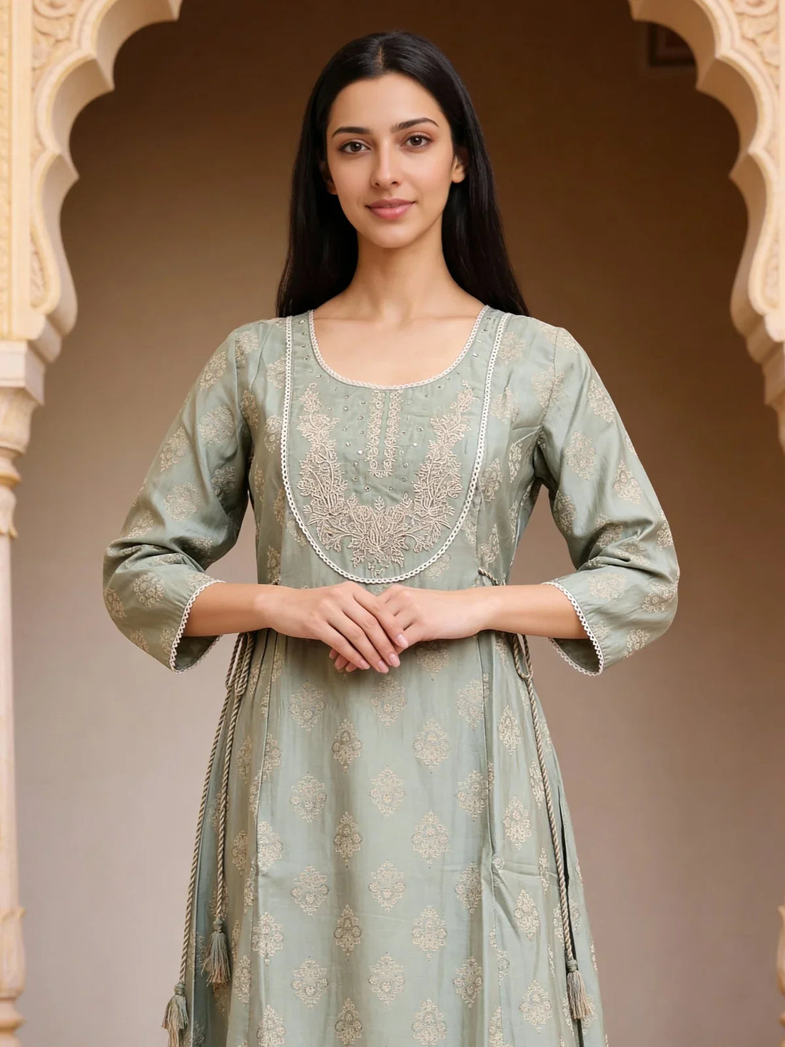 Buy Poly Viscose Embroidered Anarkali Calf Length Kurta-Pista Green