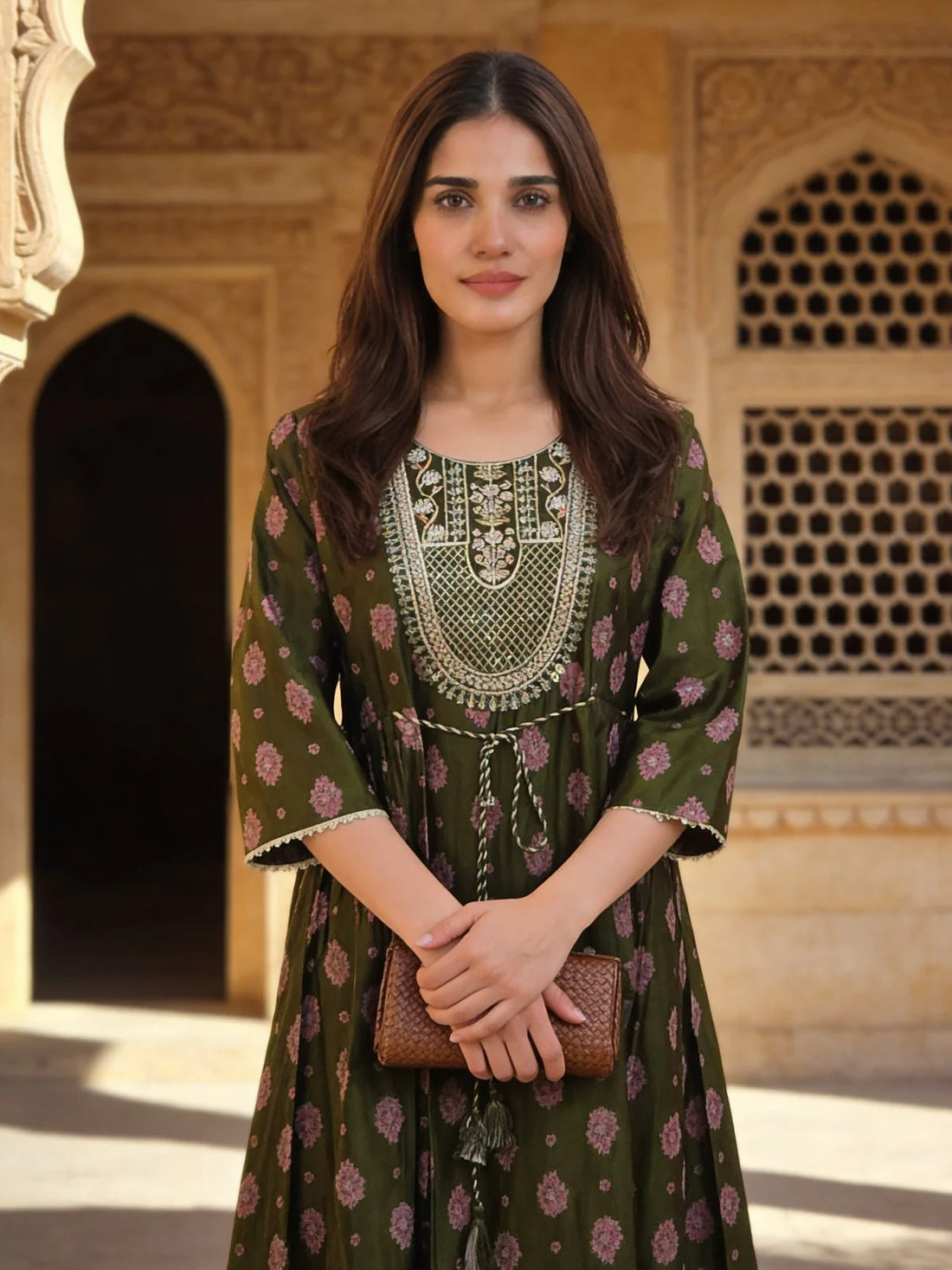 Buy Poly Viscose Embroidered Anarkali Calf Length Kurta-Olive