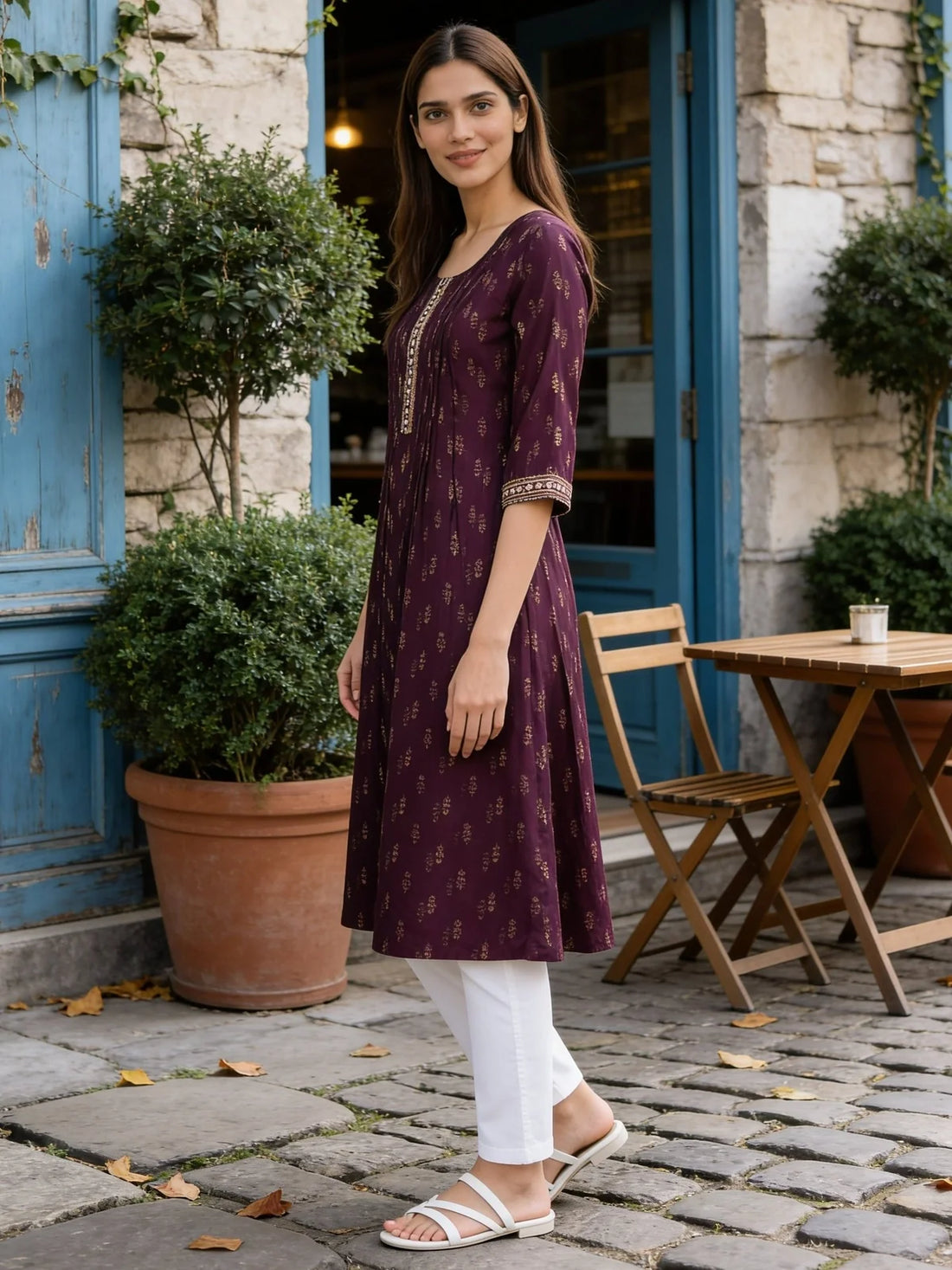 Buy Purple Poly Viscose Embroidered Anarkali Calf Length Kurta-Purple