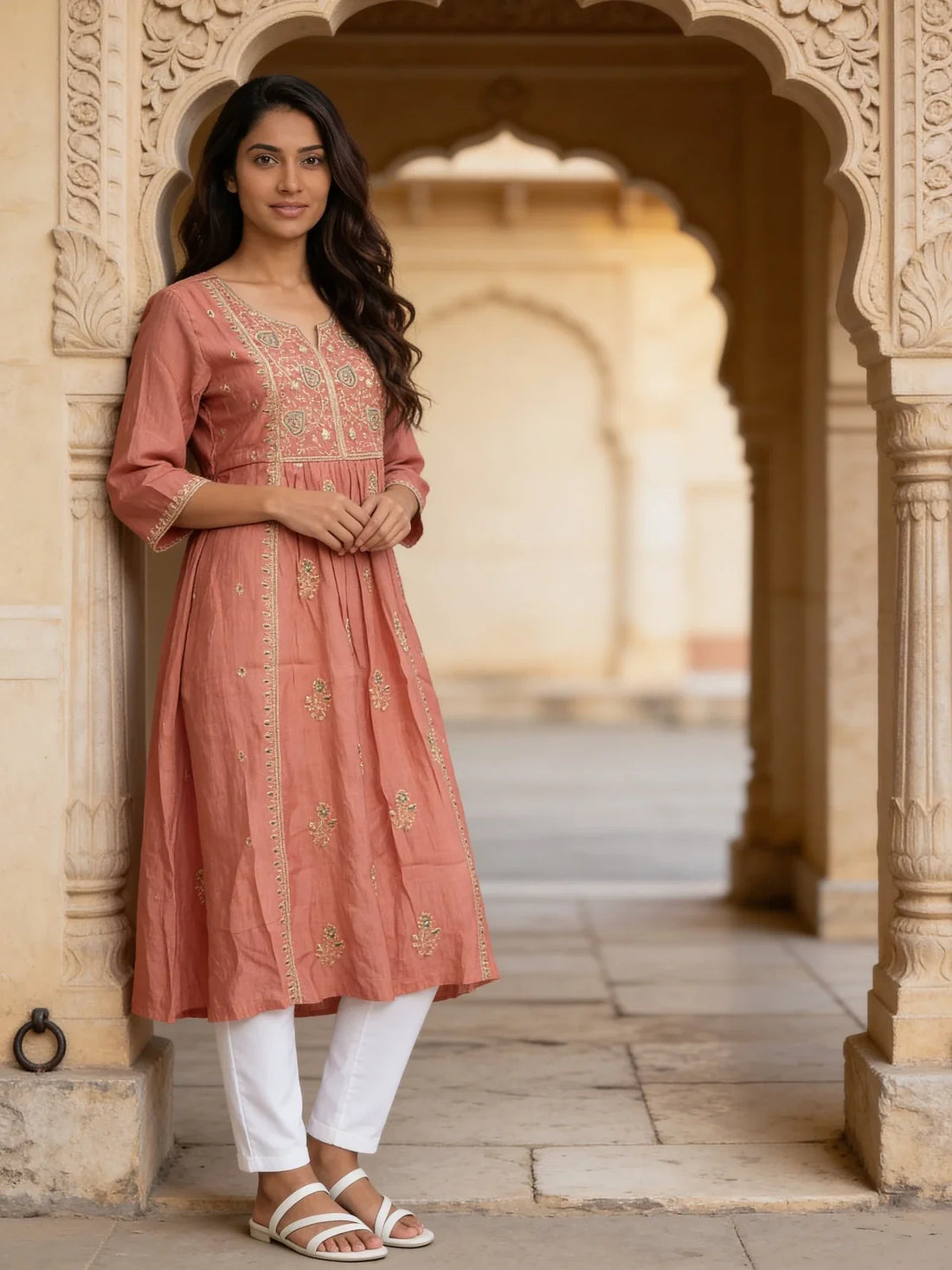 Buy Poly Viscose Embroidered Flared Calf Length Kurta-Peach