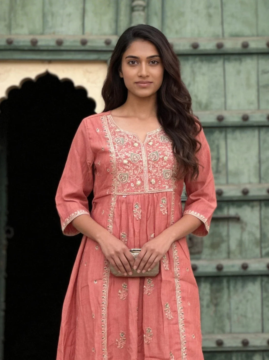 Buy Poly Viscose Embroidered Flared Calf Length Kurta-Peach