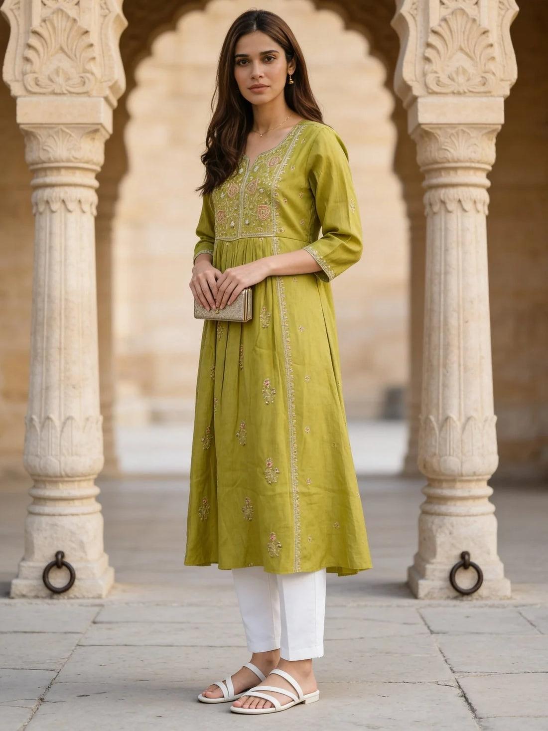 Buy Yellow Poly Viscose Embroidered Anarkali Calf Length Kurta-Yellow
