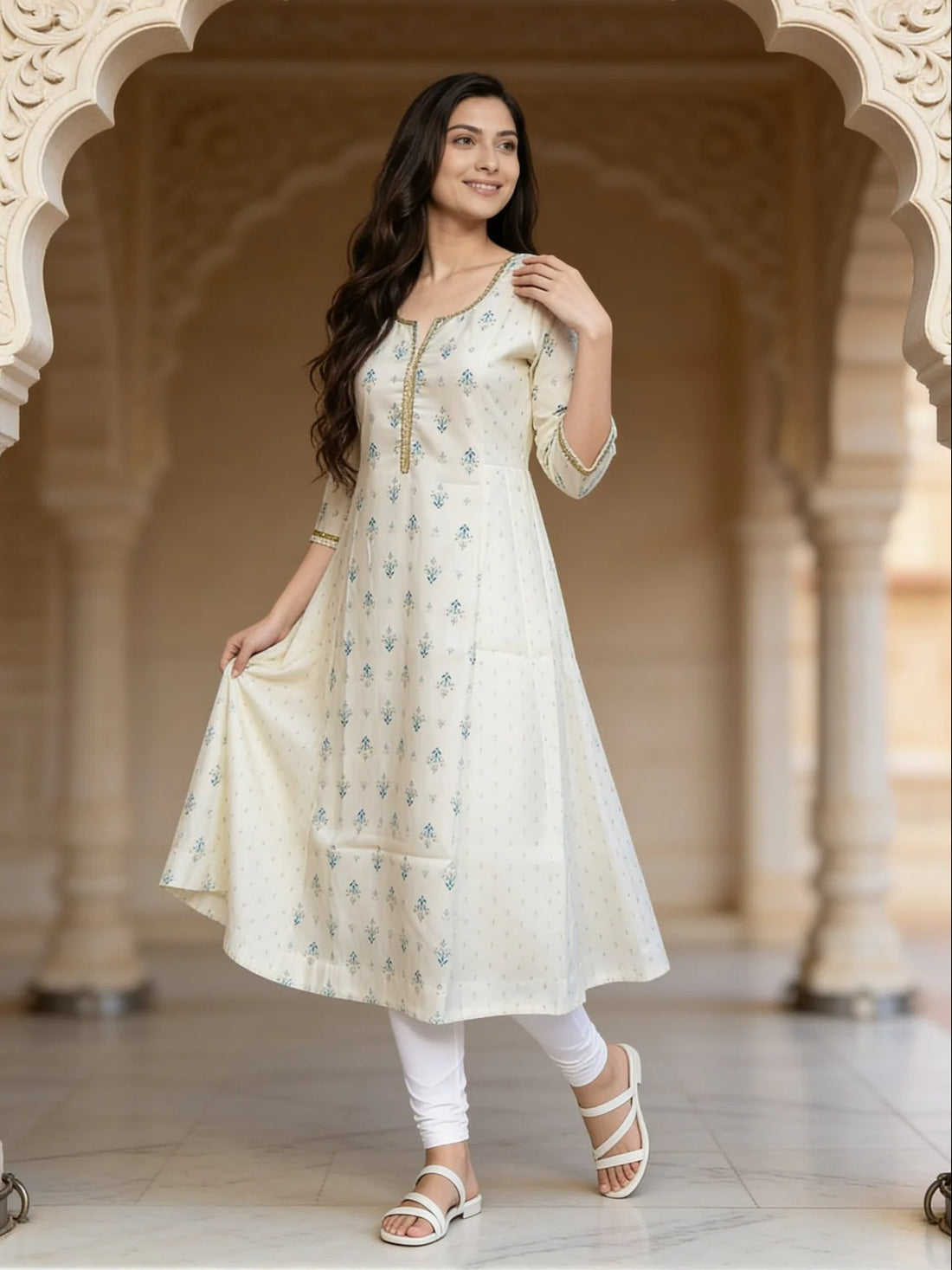 Buy Poly Viscose Embroidered Anarkali Calf Length Kurta-White