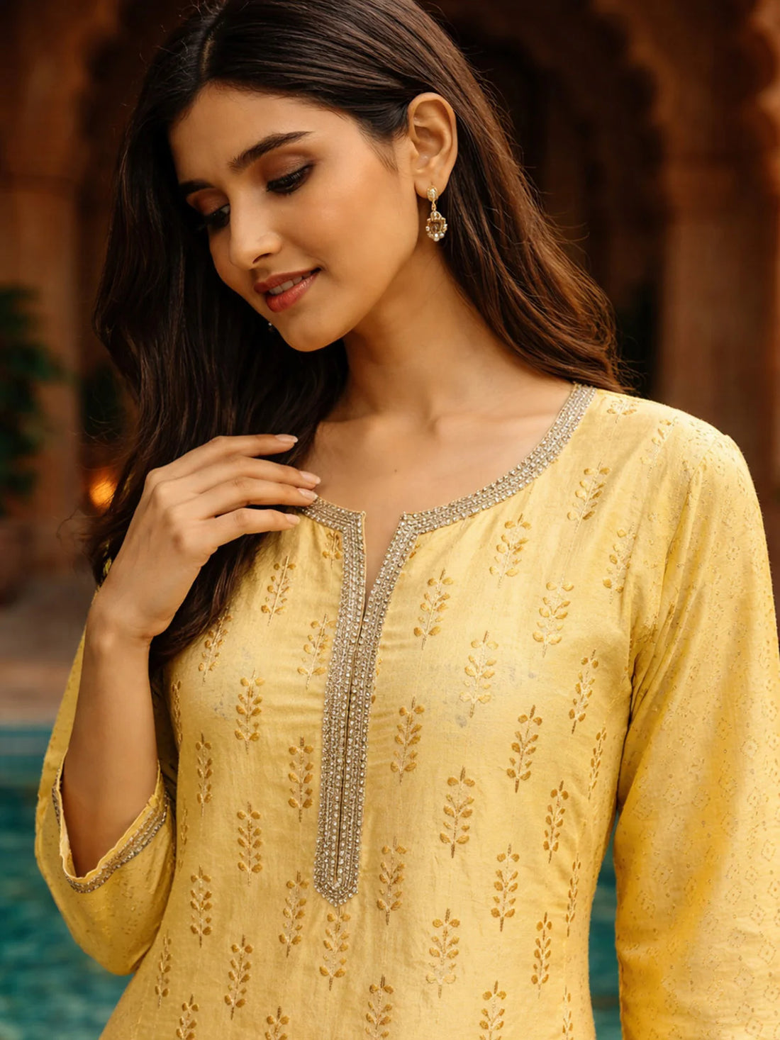 Buy Poly Viscose Embroidered Anarkali Calf Length Kurta-Yellow