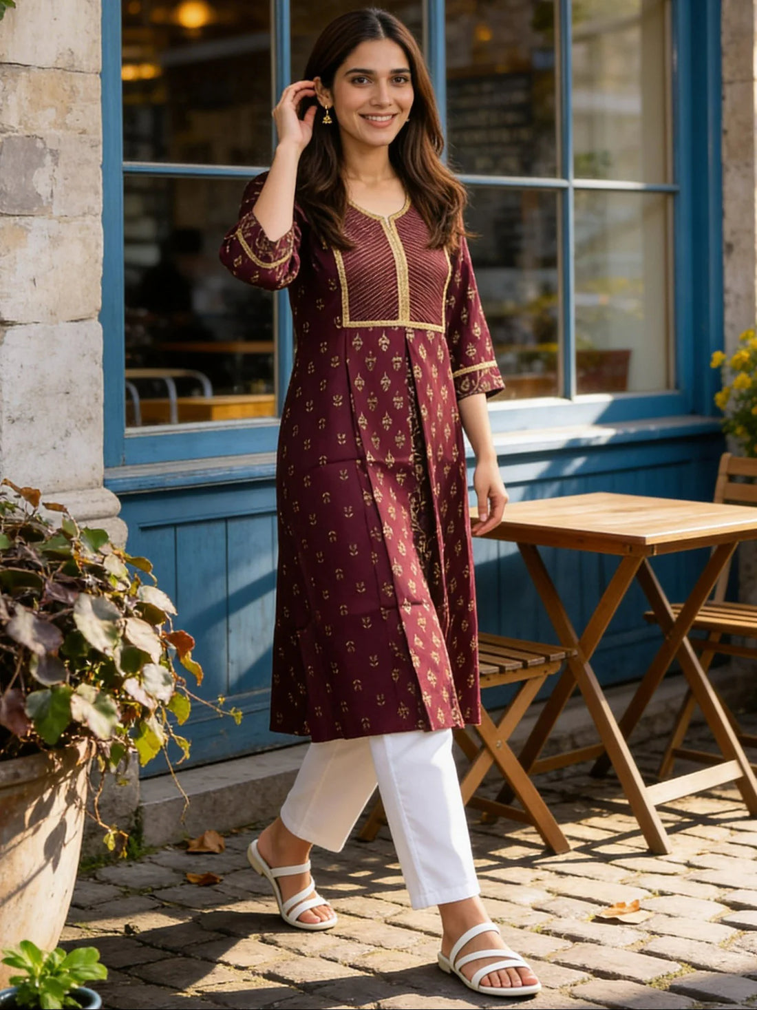 Buy Poly Viscose Embroidered Anarkali Calf Length Kurta-Wine
