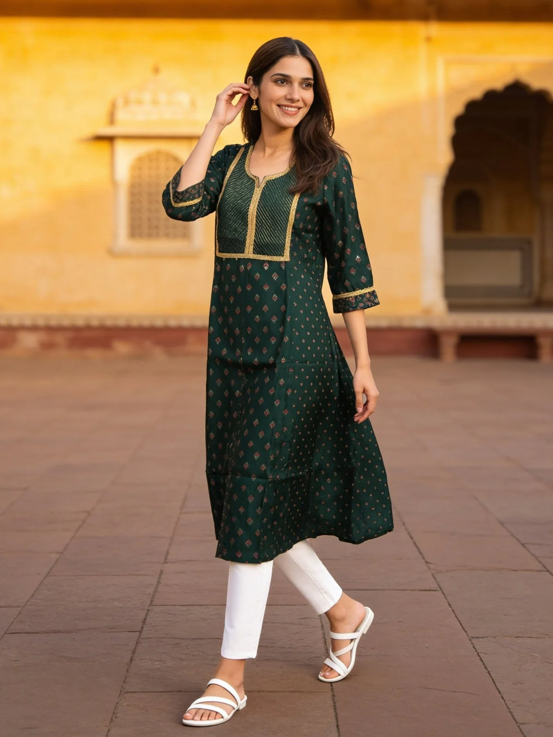 Buy Poly Viscose Embroidered Anarkali Calf Length Kurta-Green