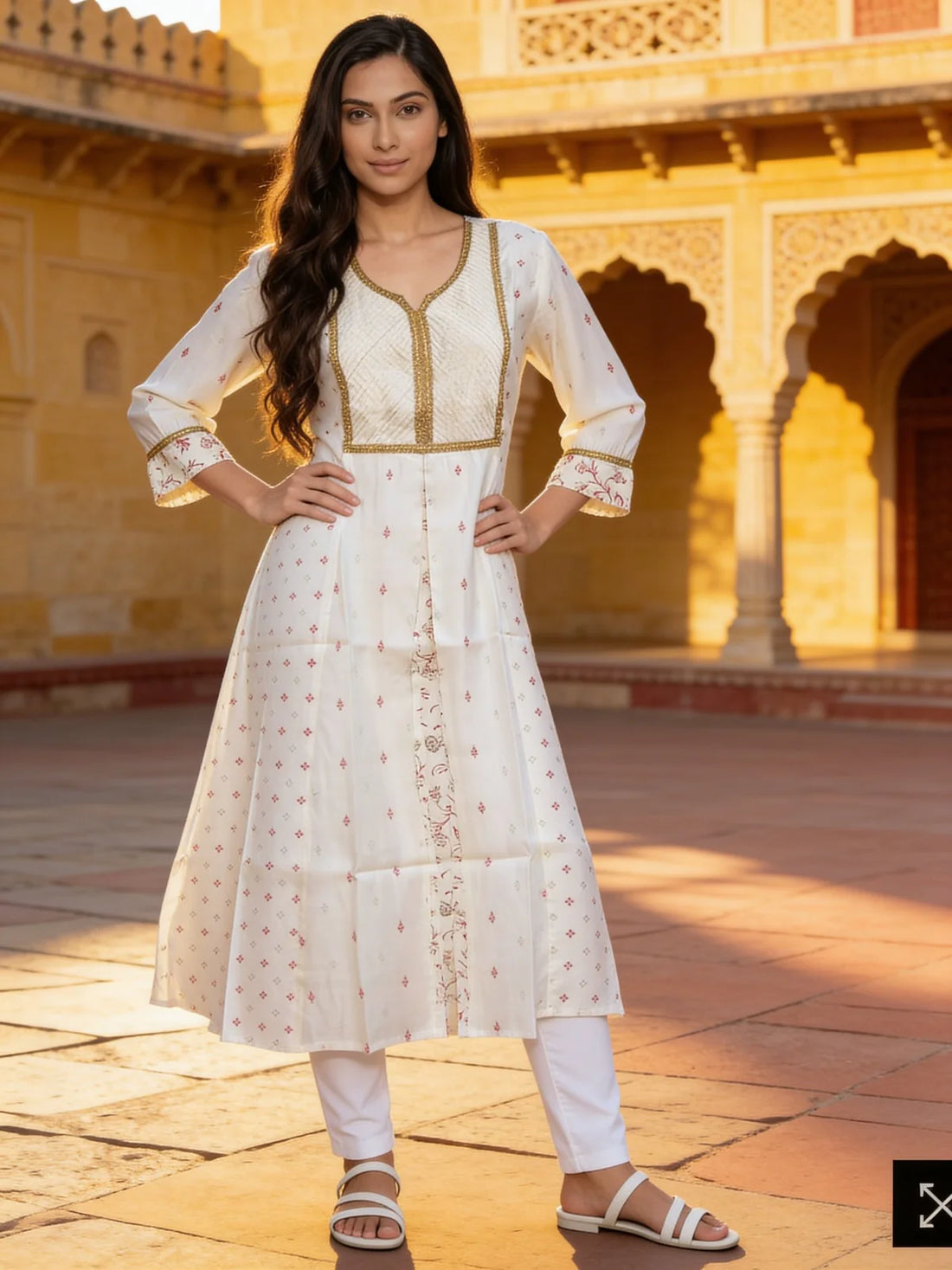 Buy Poly Viscose Embroidered Anarkali Calf Length Kurta-White
