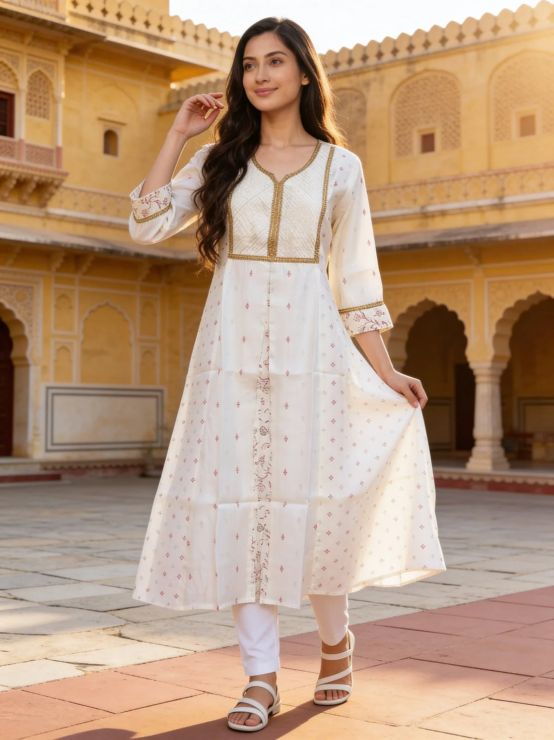 Buy Poly Viscose Embroidered Anarkali Calf Length Kurta-White