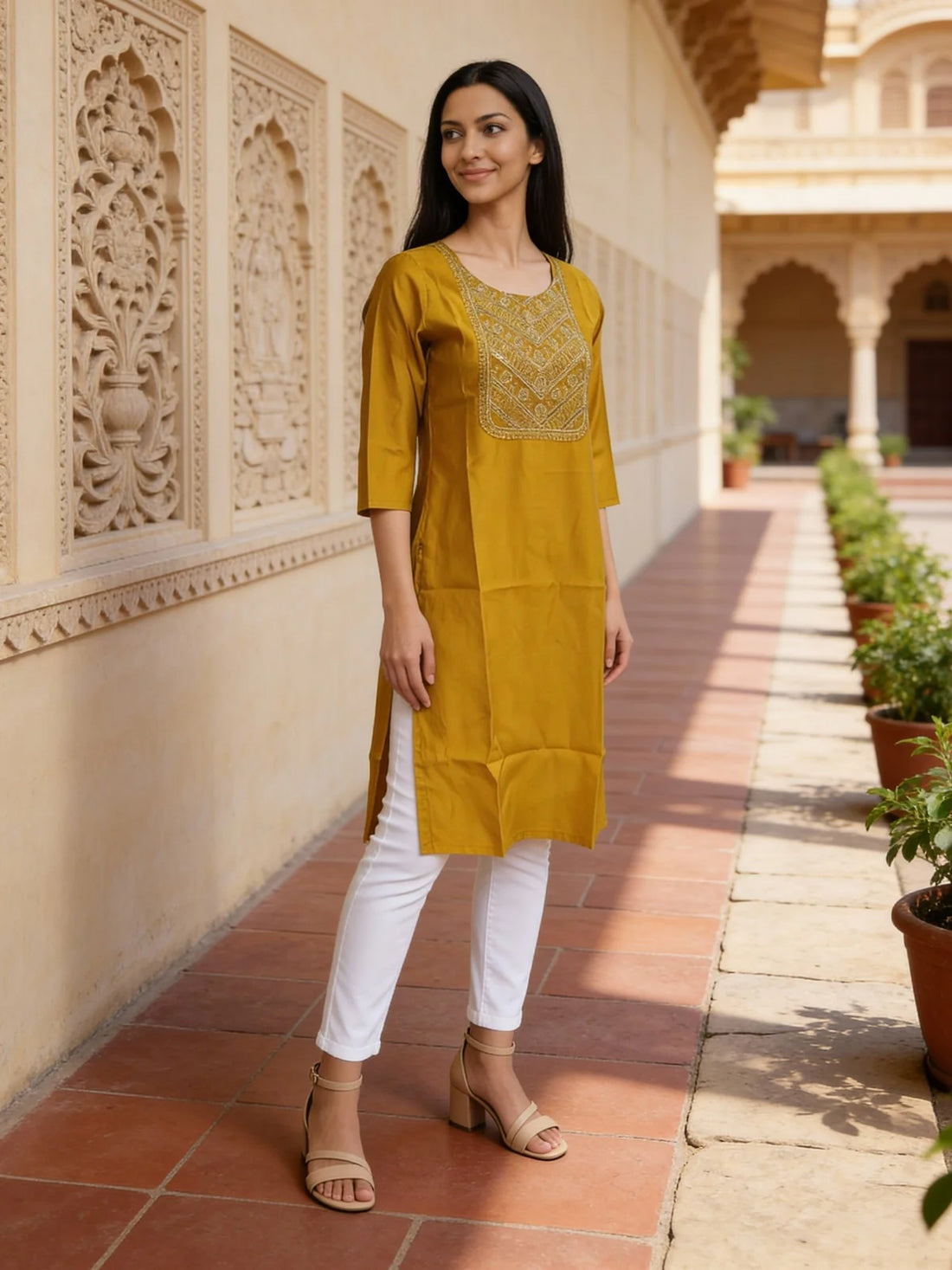 Buy Poly Viscose Embroidered Straight Calf Length Kurta-Yellow