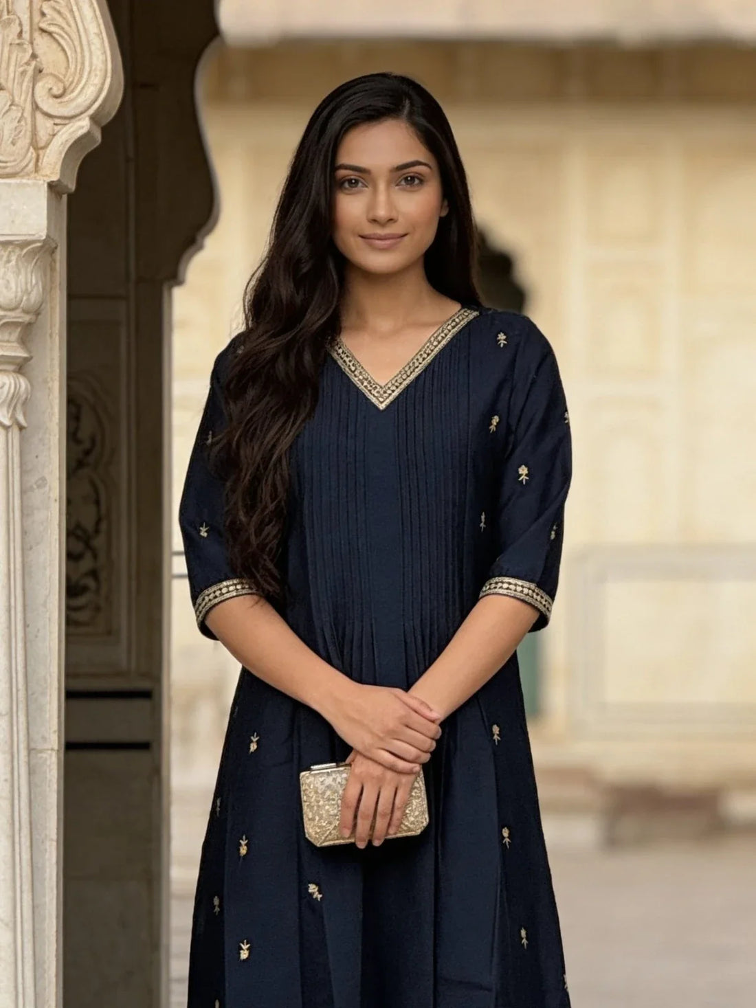 Buy Poly Viscose Embroidered Flared Calf Length Kurta-Blue