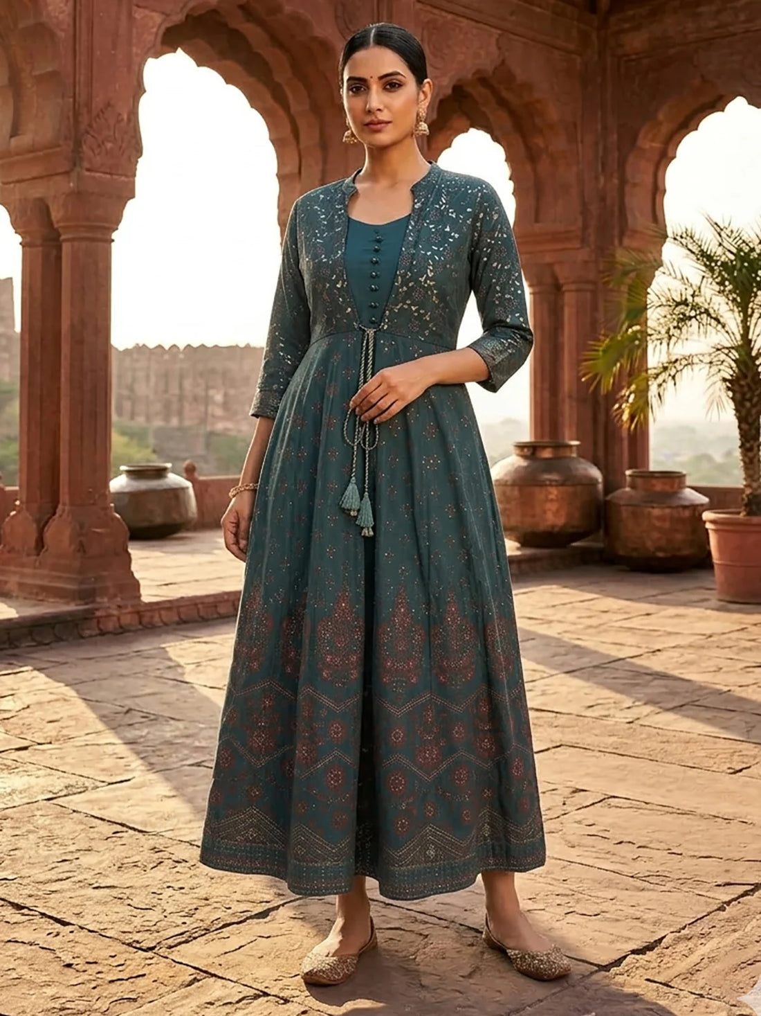 Buy Poly Viscose Printed Layered Calf Length Kurta-Blue