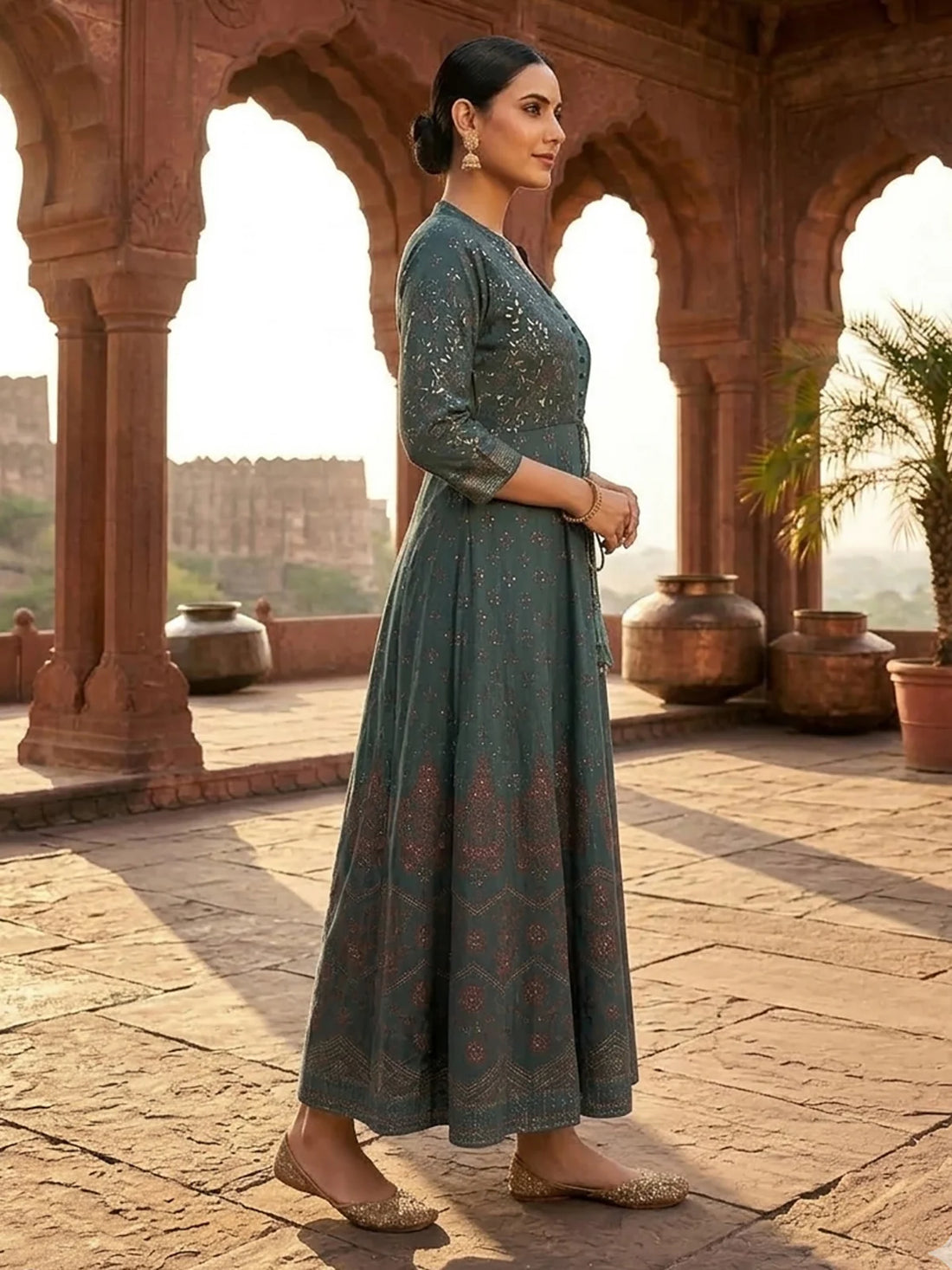 Buy Poly Viscose Printed Layered Calf Length Kurta-Blue
