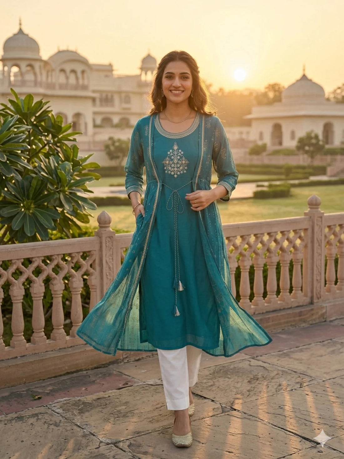 Buy Poly Viscose Embroidered Layered Calf Length Kurta-Turquoise