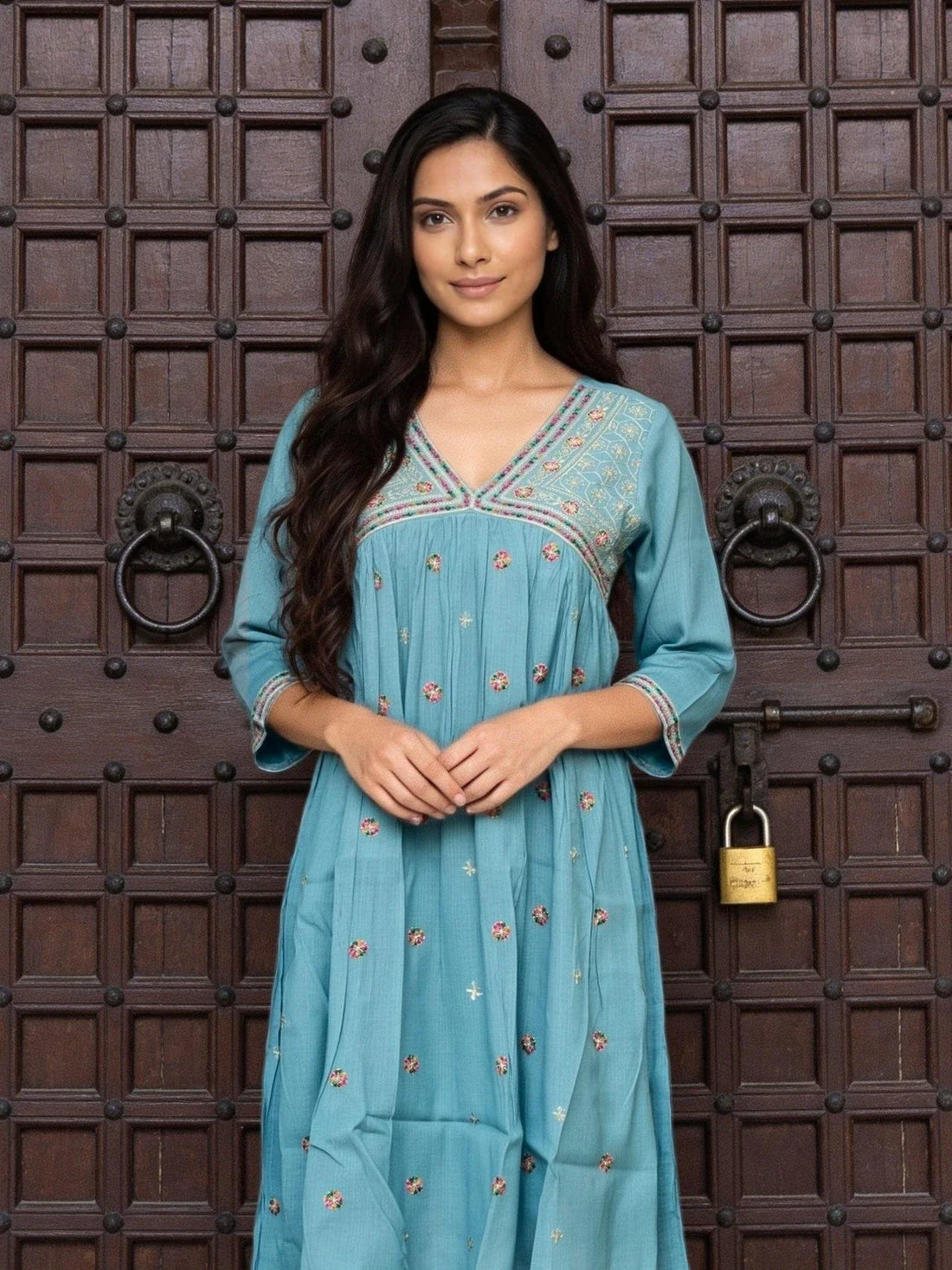 Buy Rayon Embroidered Anarkali Calf Length Kurta-Grey