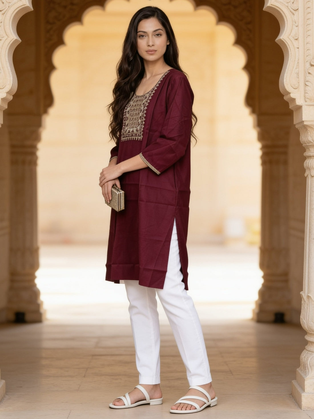 Buy Poly Viscose Embroidered Straight Calf Length Kurta-Maroon