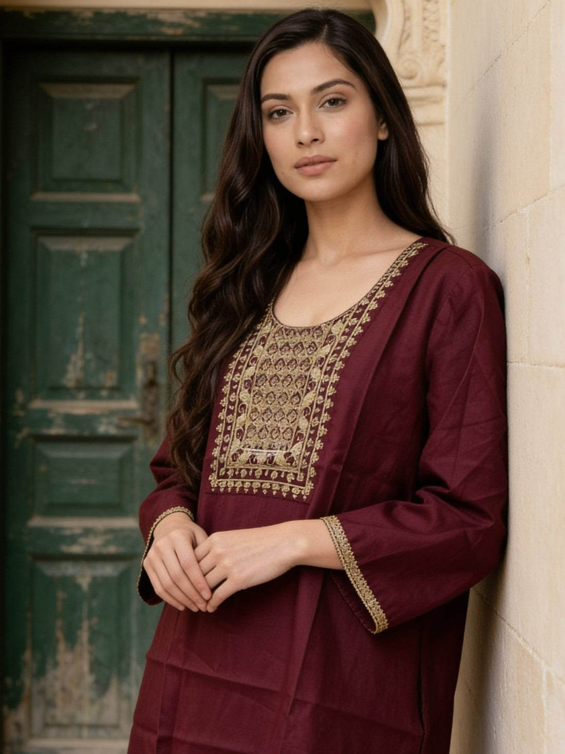 Buy Poly Viscose Embroidered Straight Calf Length Kurta-Maroon