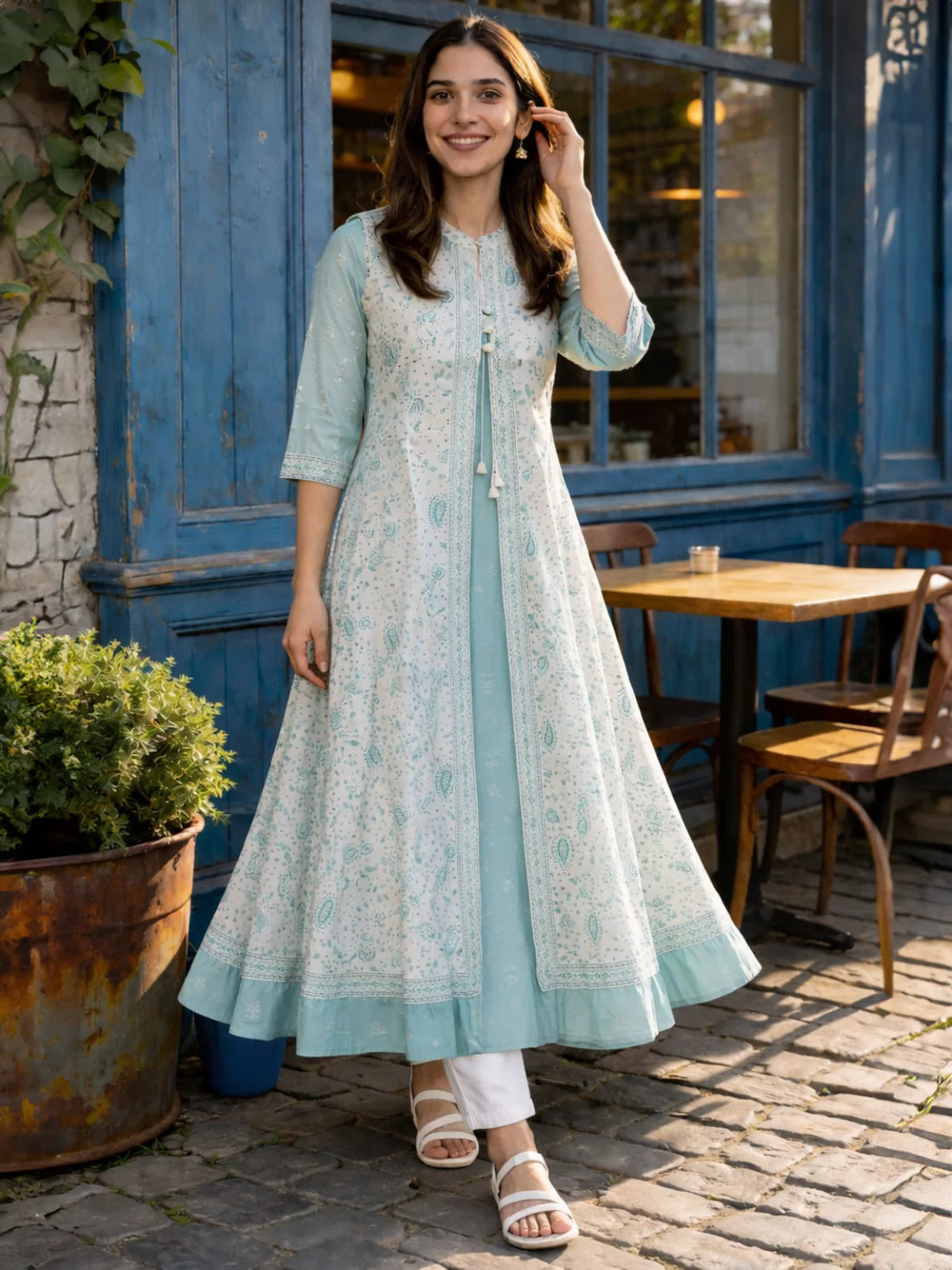 Buy Chanderi Printed Layered Calf Length Kurta-Grey