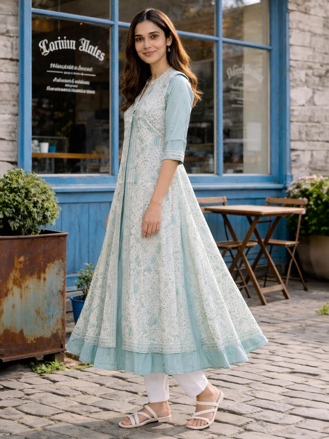 Buy Chanderi Printed Layered Calf Length Kurta-Grey