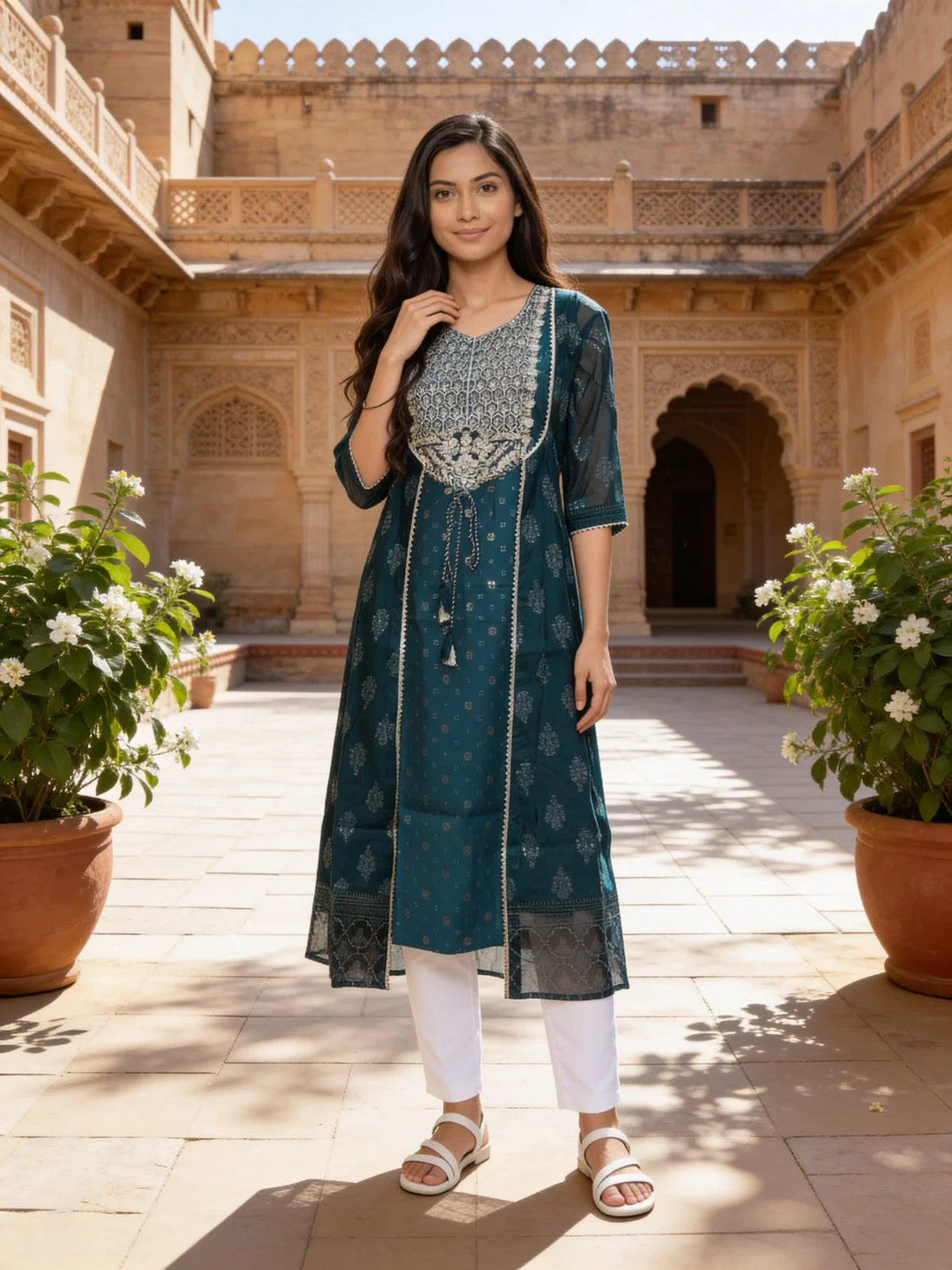 Buy Poly Viscose Embroidered Kalidar Calf Length Kurta-Teal