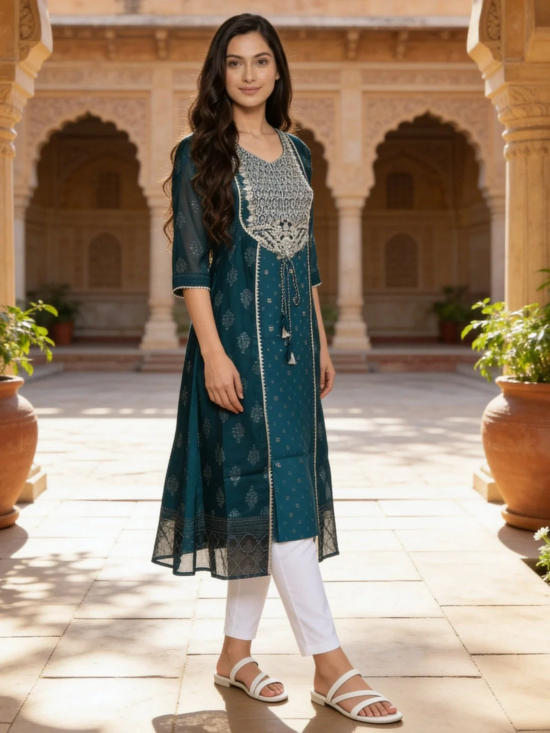 Buy Poly Viscose Embroidered Kalidar Calf Length Kurta-Teal