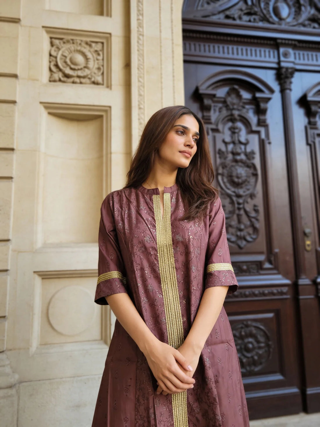 Buy Poly Viscose Embroidered A-Line Calf Length Kurta-Mauve