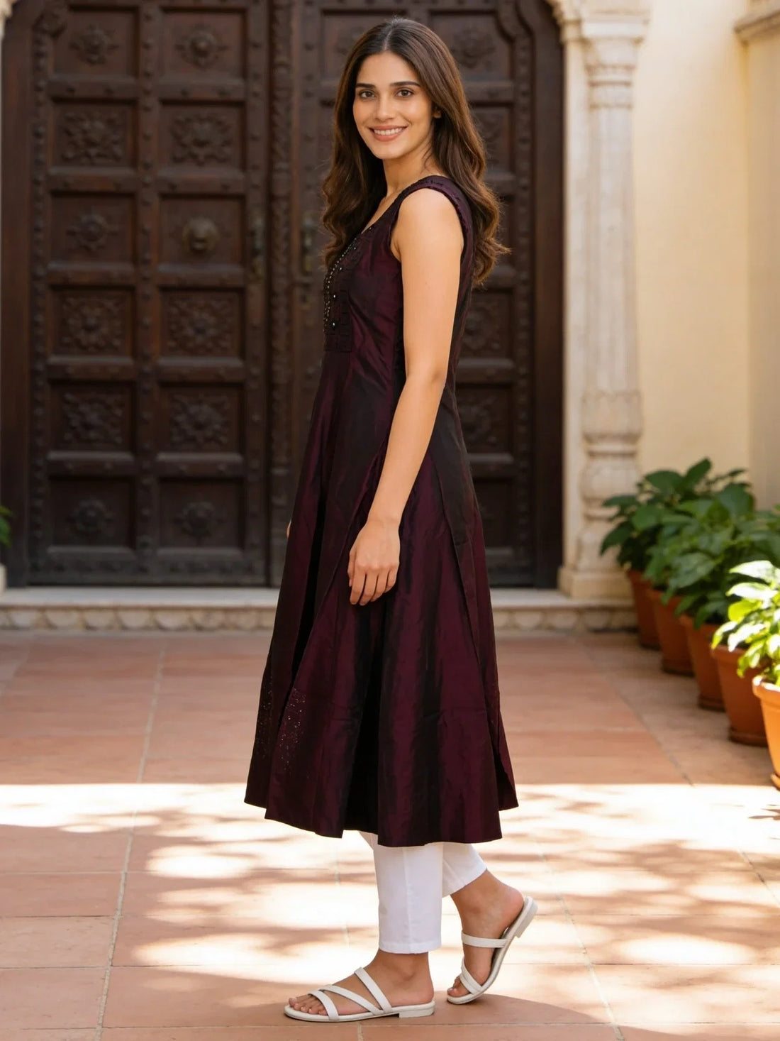 Buy Poly Viscose Embroidered Kalidar Calf Length Kurta-Wine