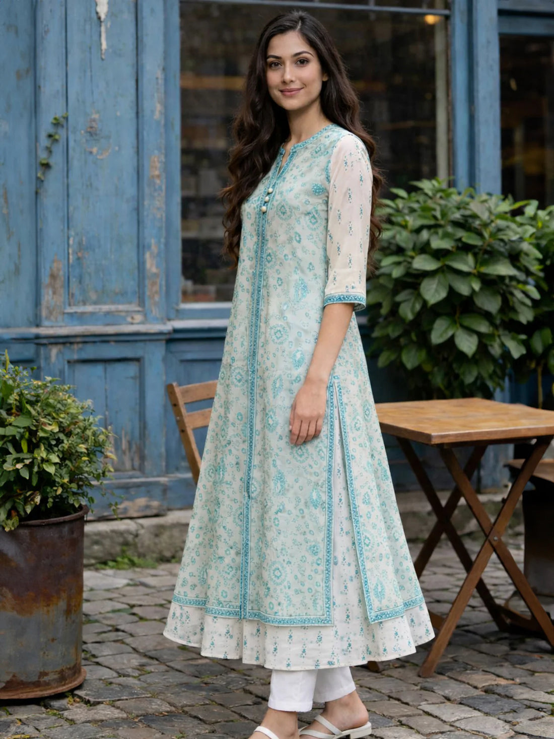 Buy Chanderi Printed Layered Calf Length Kurta-White