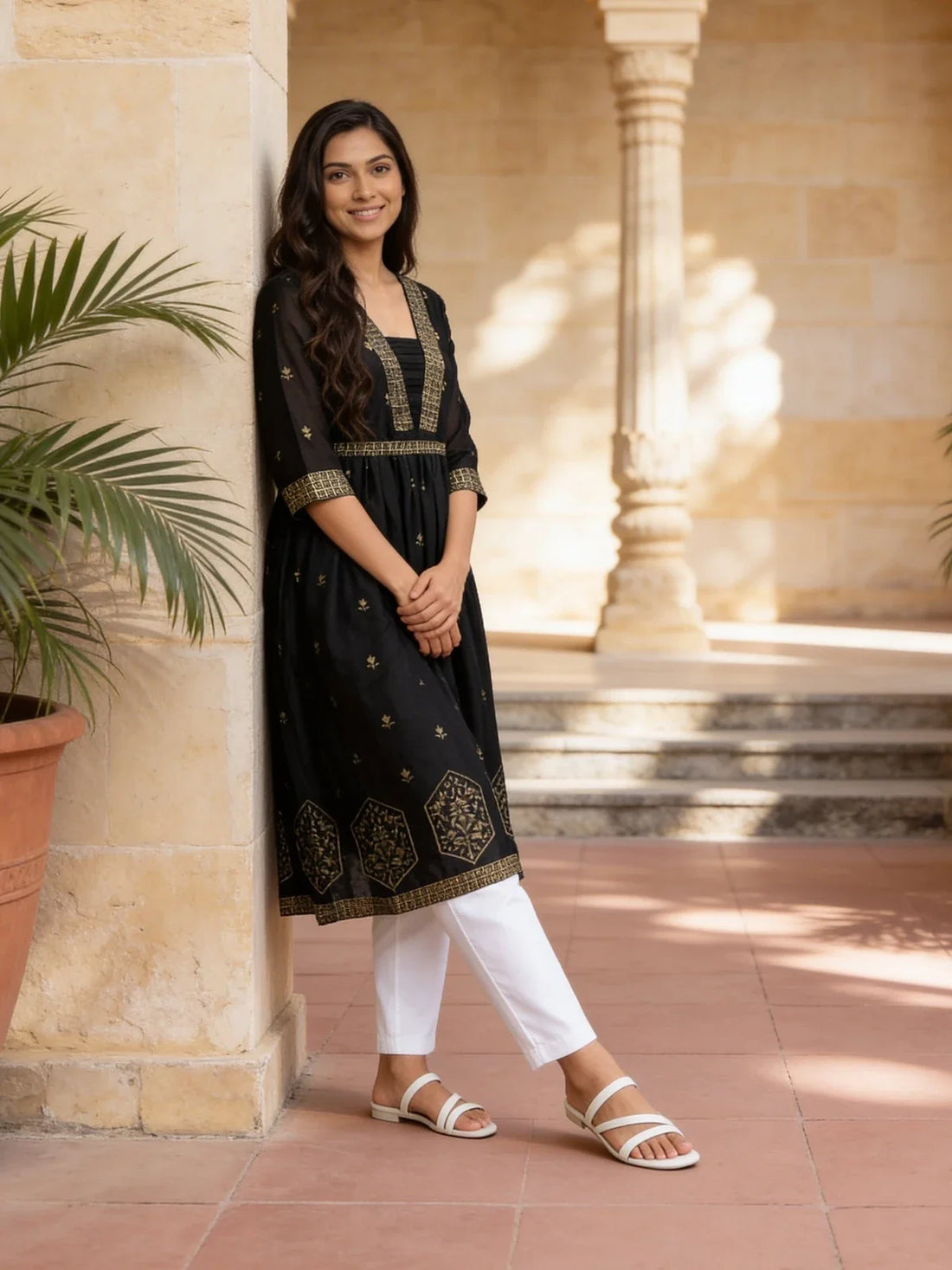 Buy Poly Viscose Printed Anarkali Calf Length Kurta-Black