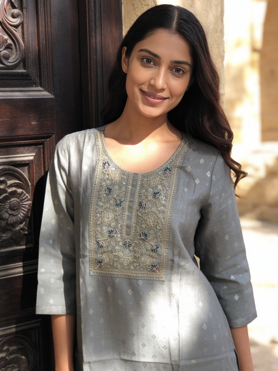 Buy Poly Viscose Embroidered Straight Calf Length Kurta-Grey