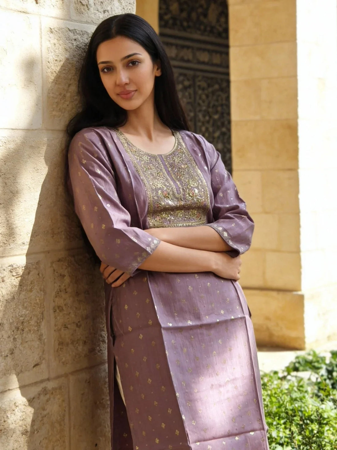 Buy Poly Viscose Embroidered Straight Calf Length Kurta-Lavender