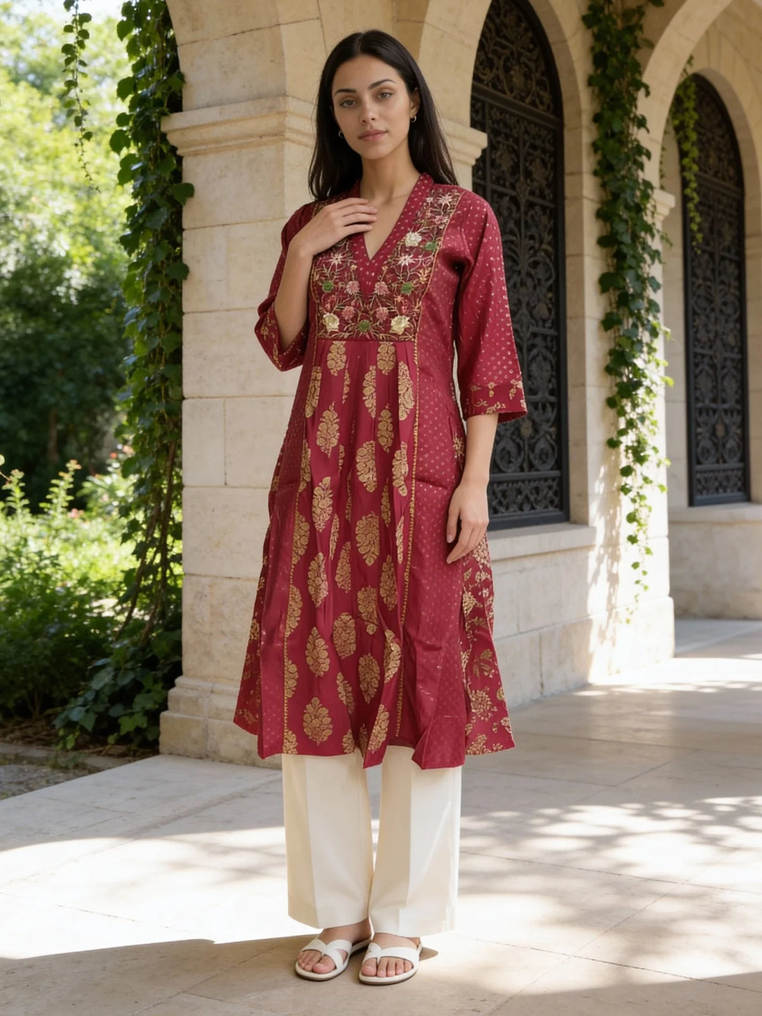 Buy Poly Viscose Embroidered Flared Calf Length Kurta-Fuchsia