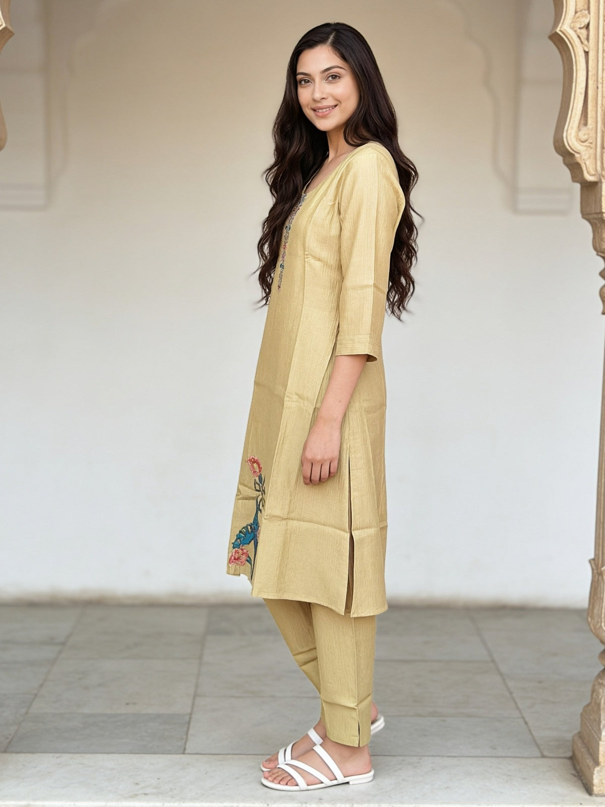 Viscose Embroidered A-Line Knee Length Kurta With Pant
