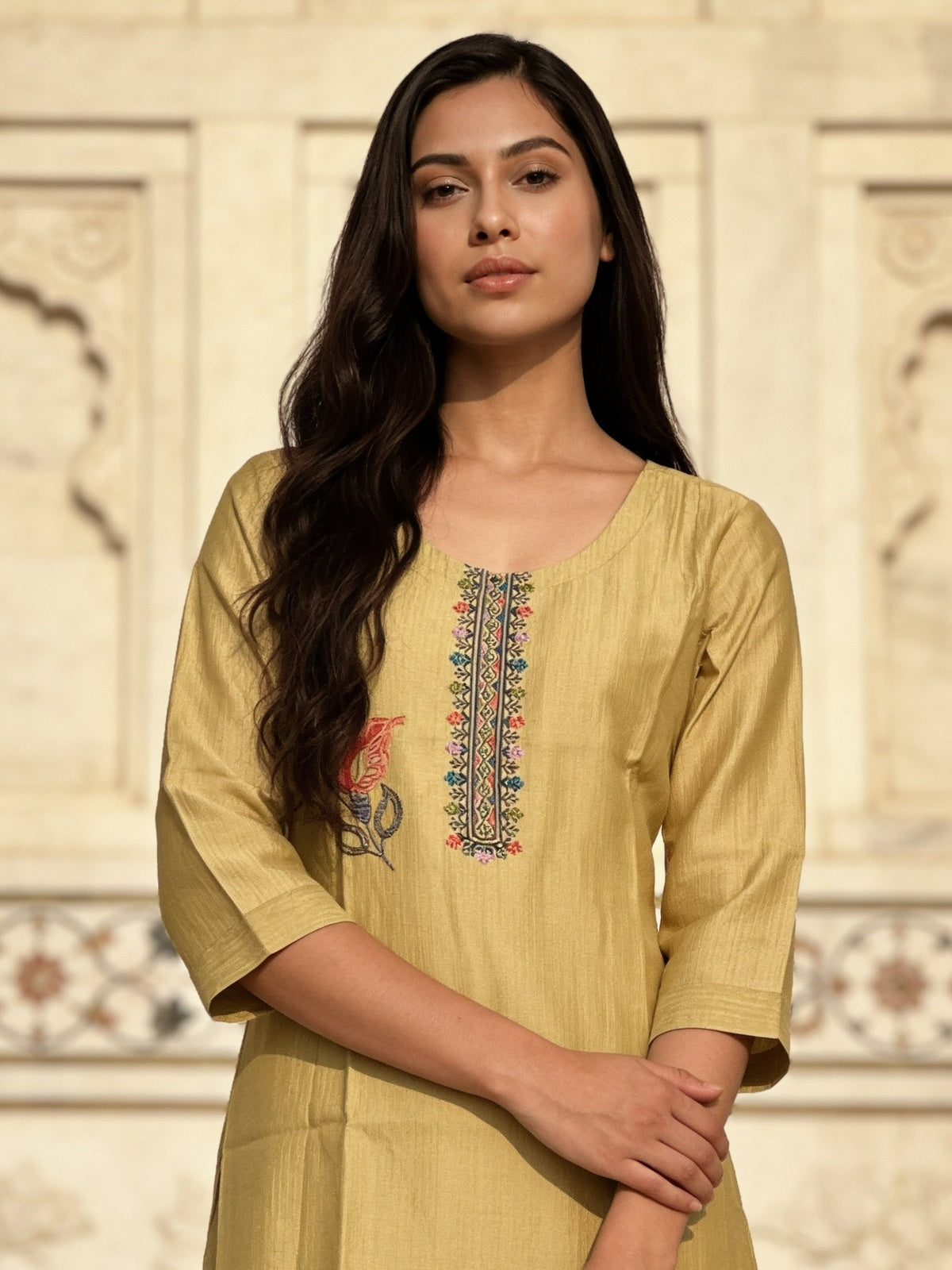 Viscose Embroidered A-Line Knee Length Kurta With Pant