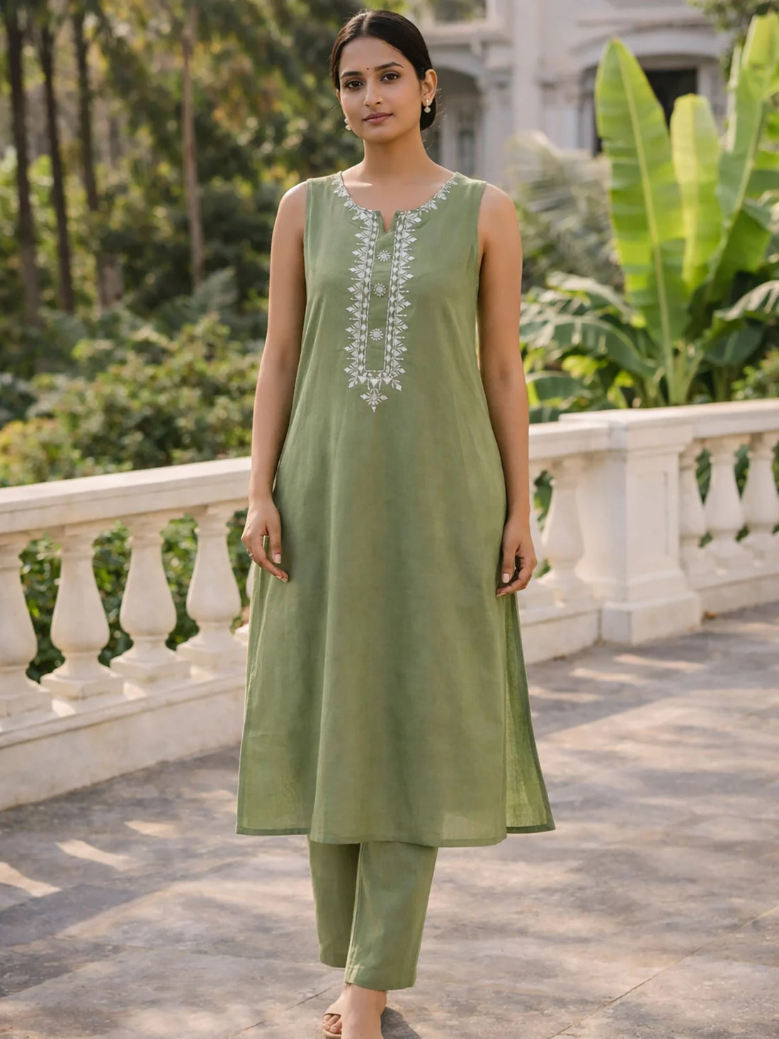 Buy Poly Viscose Embroidered Straight Calf Length Kurta with Pant-Green