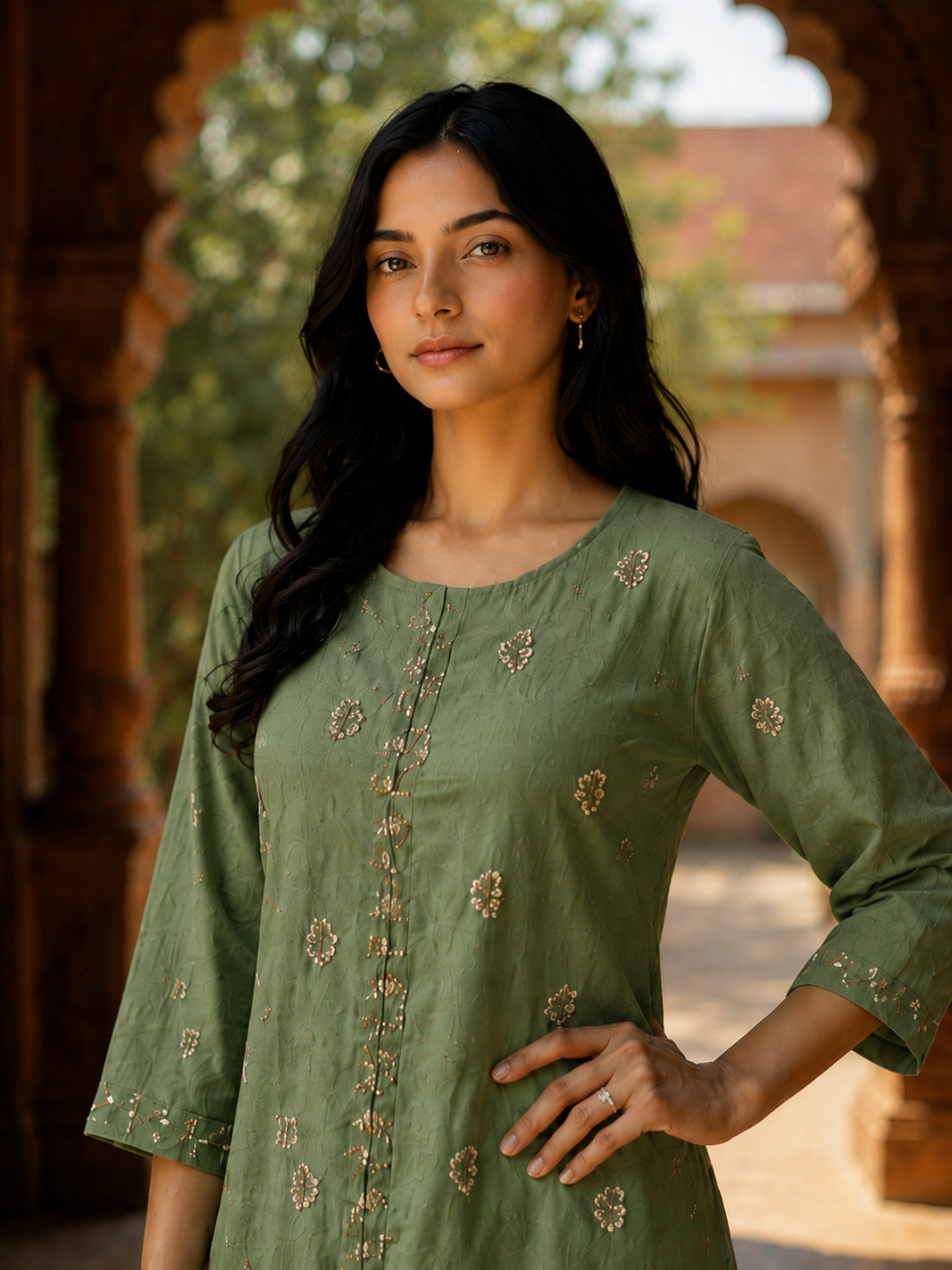 Buy Poly Viscose Embroidered Straight Calf Length Kurta With Pant-Green