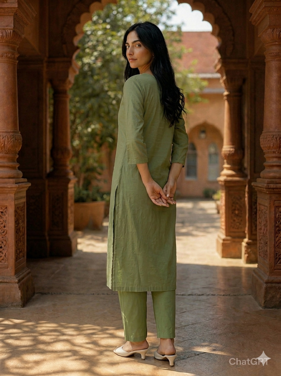Buy Poly Viscose Embroidered Straight Calf Length Kurta With Pant-Green