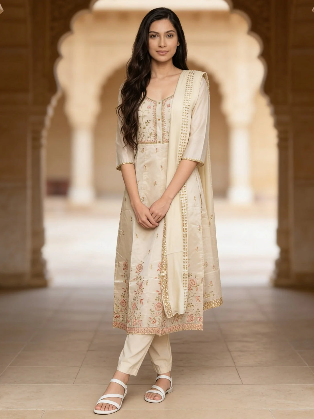 Buy Chanderi Embroidered Anarkali Calf Length Kurta With Pant and Dupatta-White