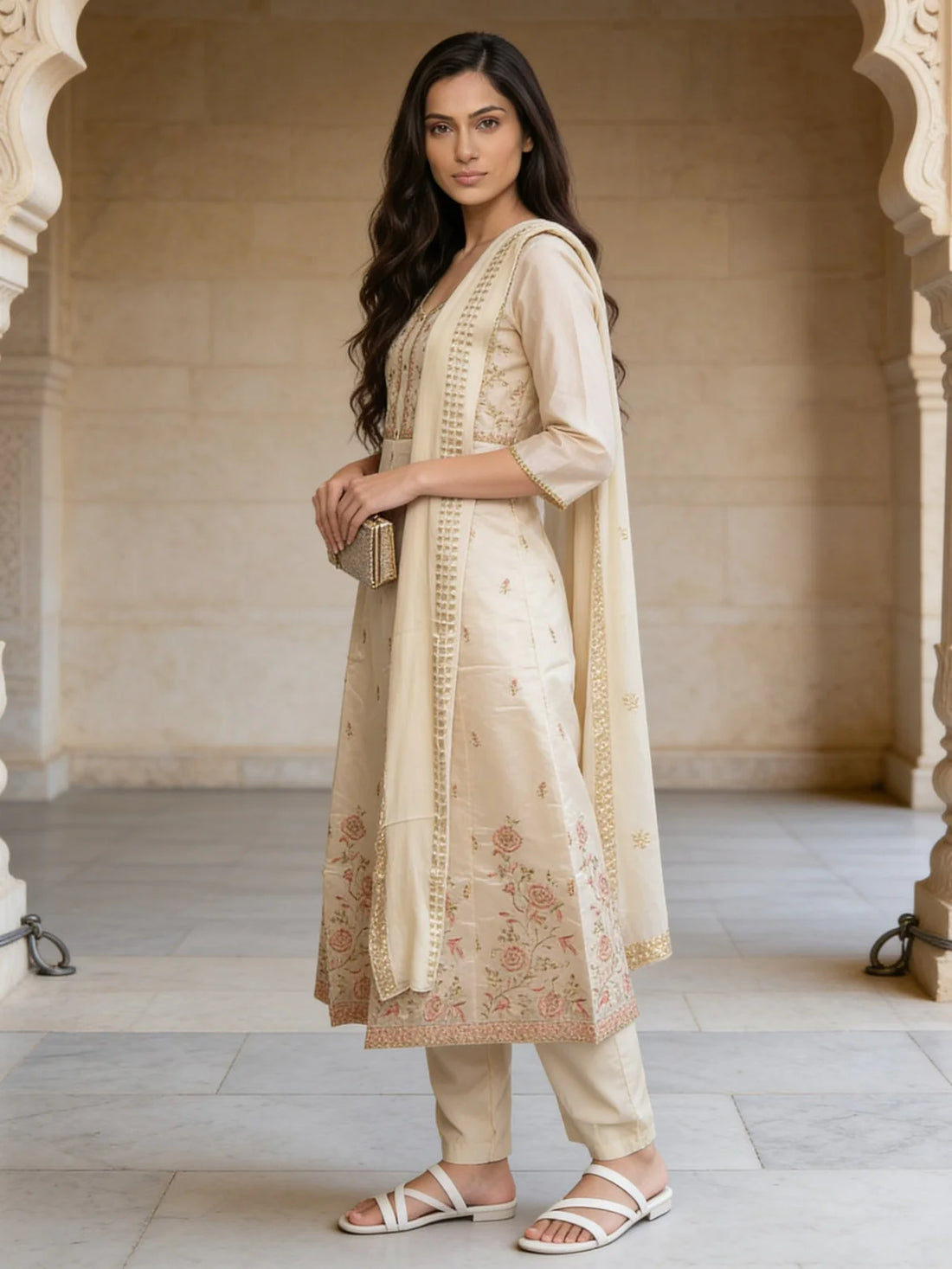 Buy Chanderi Embroidered Anarkali Calf Length Kurta With Pant and Dupatta-White