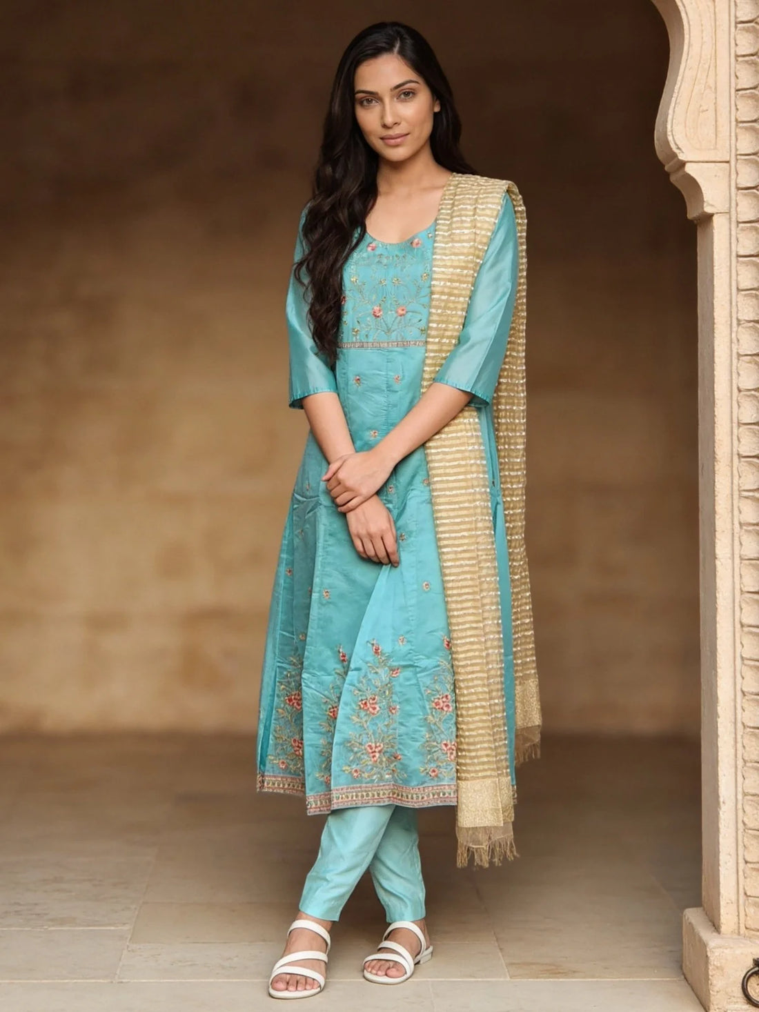 Buy Chanderi Embroidered Anarkali Calf Length Kurta With Pant and Dupatta-Light Blue