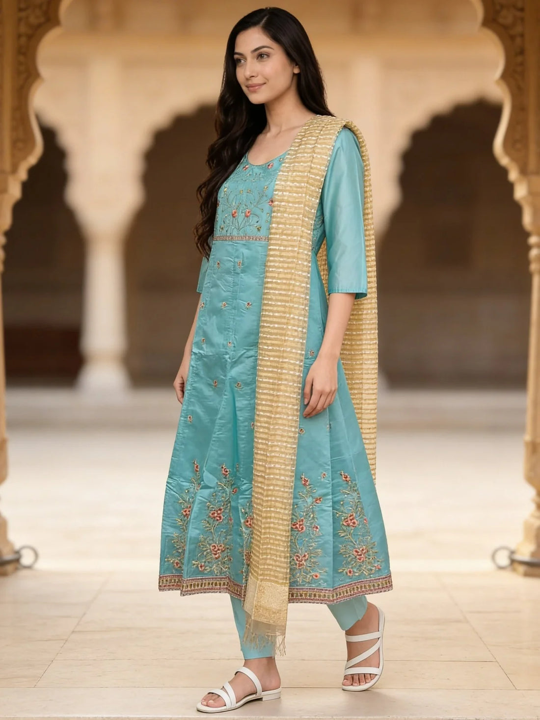 Buy Chanderi Embroidered Anarkali Calf Length Kurta With Pant and Dupatta-Light Blue