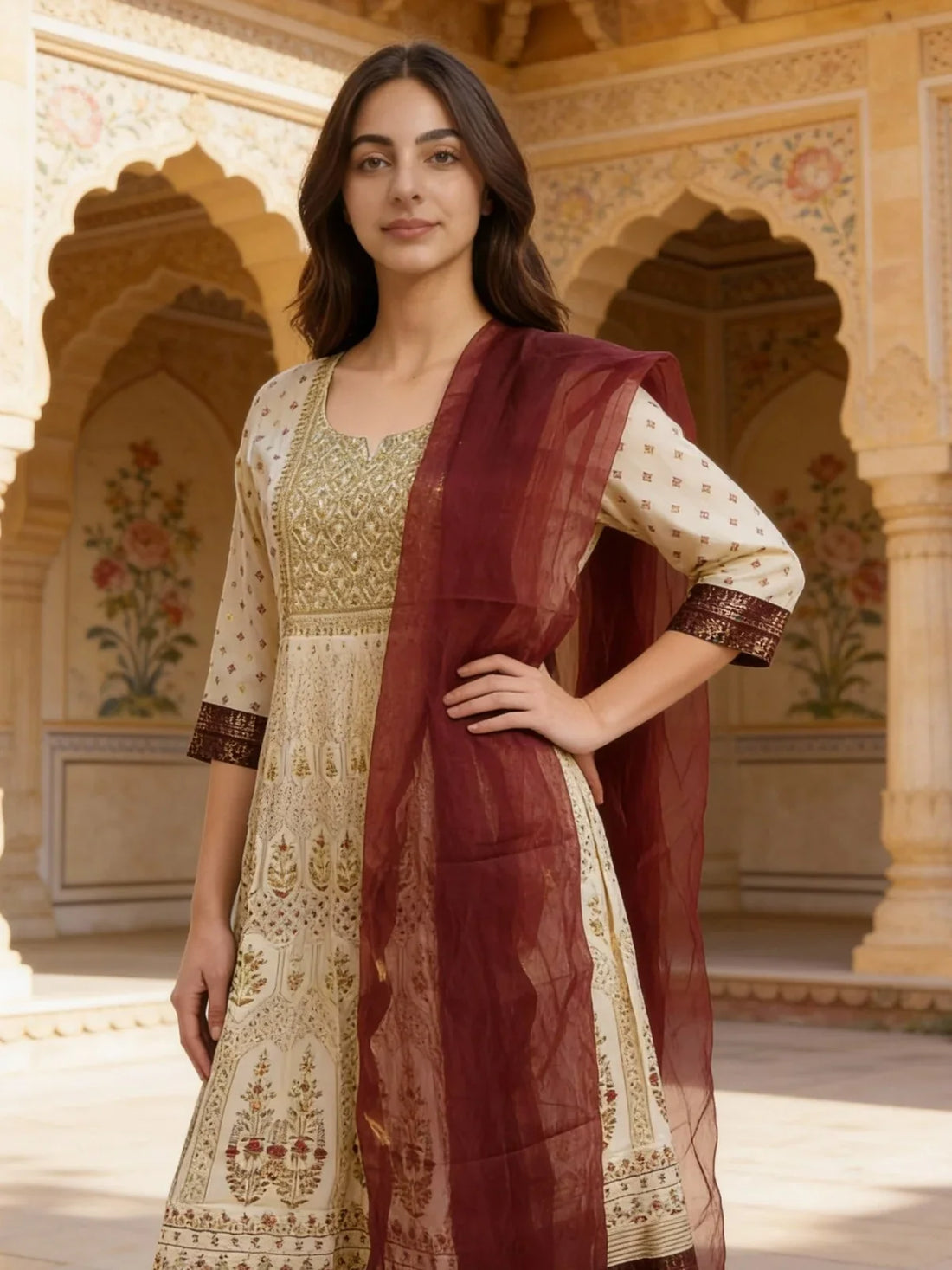 Buy Poly Viscose Embroidered Anarkali Calf Length Kurta with Pant and Dupatta-Beige