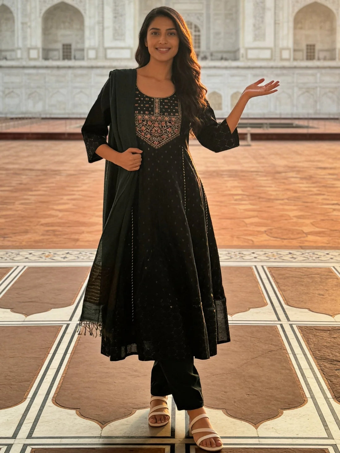 Buy Poly Viscose Embroidered Anarkali Calf Length Kurta With Pant and Dupatta-Teal