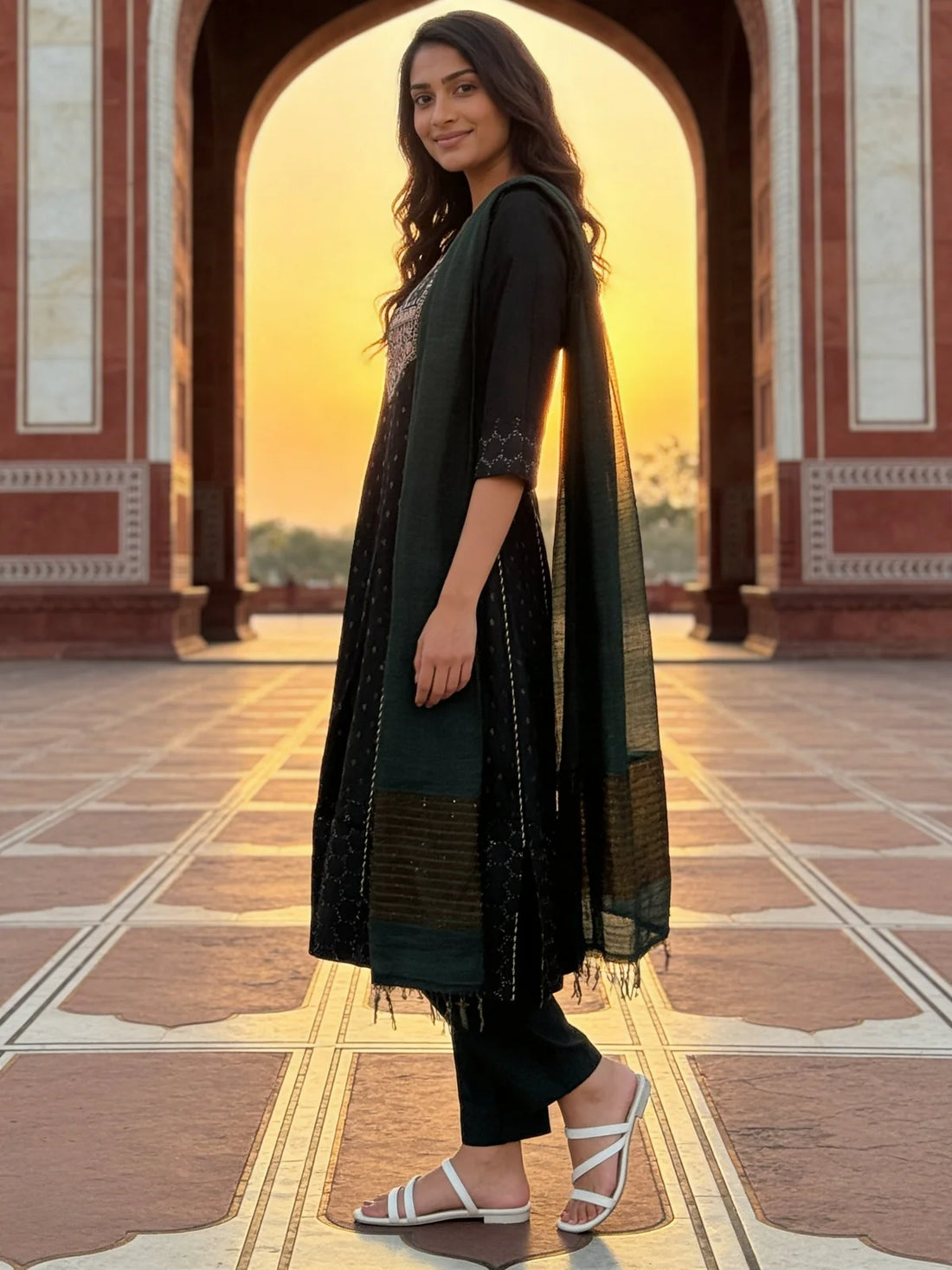 Buy Chanderi Embroidered Anarkali Calf Length Kurta With Pant and Dupatta-Blue