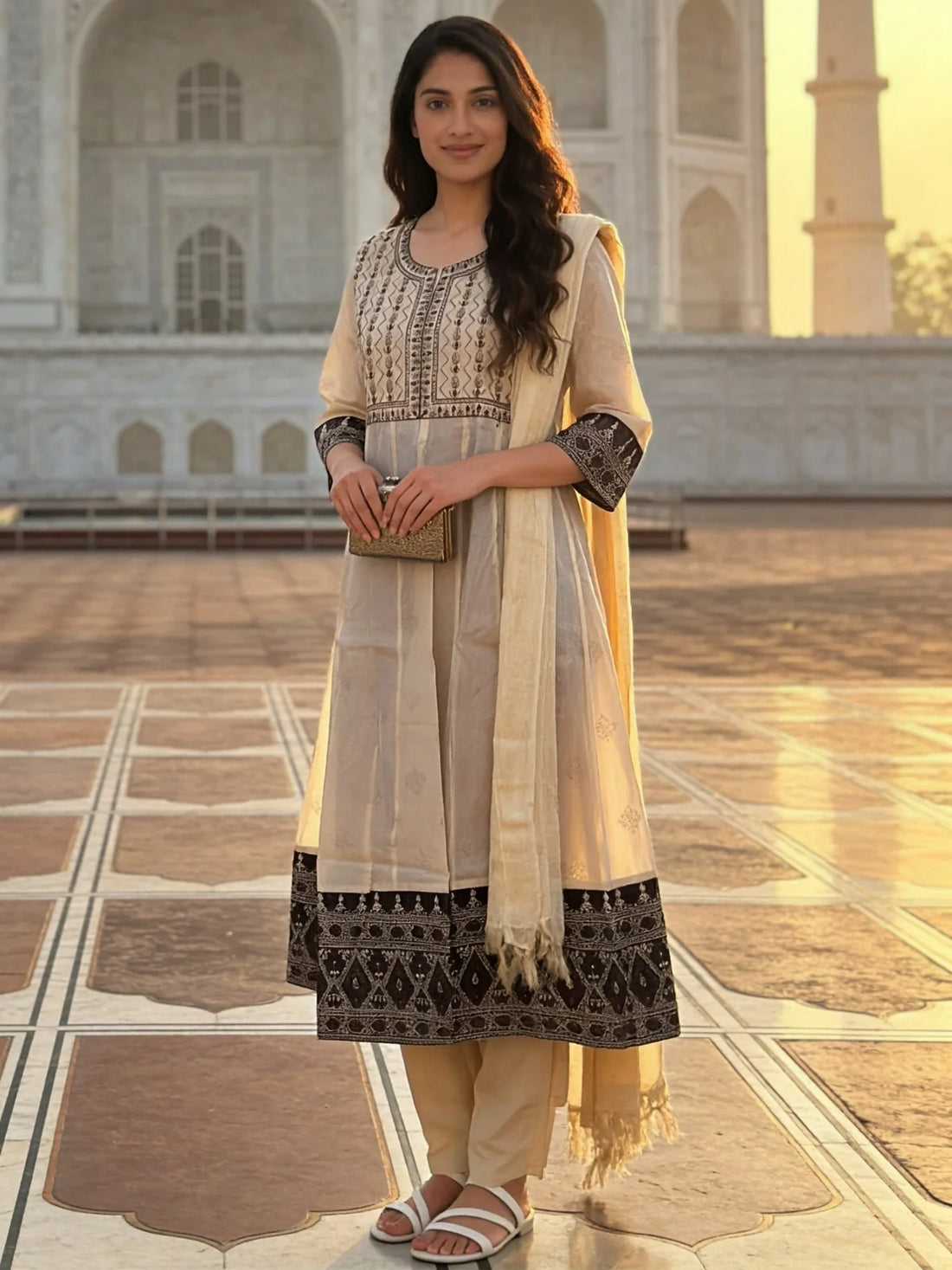 Buy Off White PolyViscose Embroidered Anarkali Calf Length Kurta With Pant and Dupatta-Off White