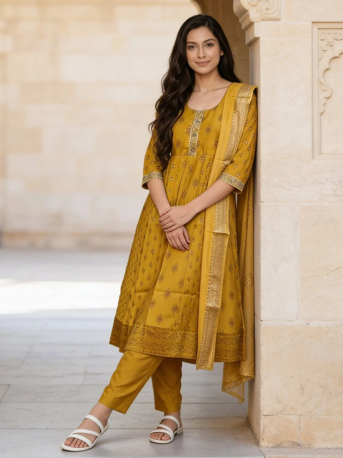 Buy Yellow Poly Viscose Embroidered Anarkali Calf Length Kurta With Pant and Dupatta-Yellow