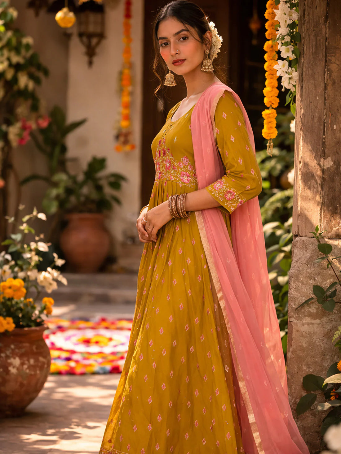 Buy Poly Viscose Embroidered Anarkali Calf Length Kurta with Pant and Dupatta-Mustard