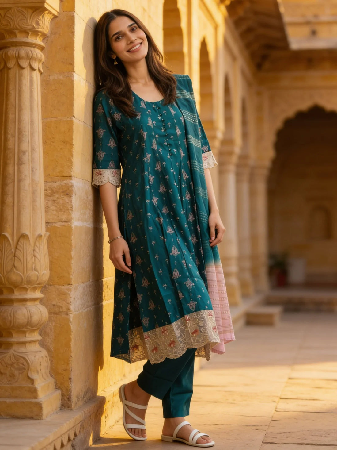 Buy Poly Viscose Embroidered Anarkali Calf Length Kurta With Pant and Dupatta-Turquoise